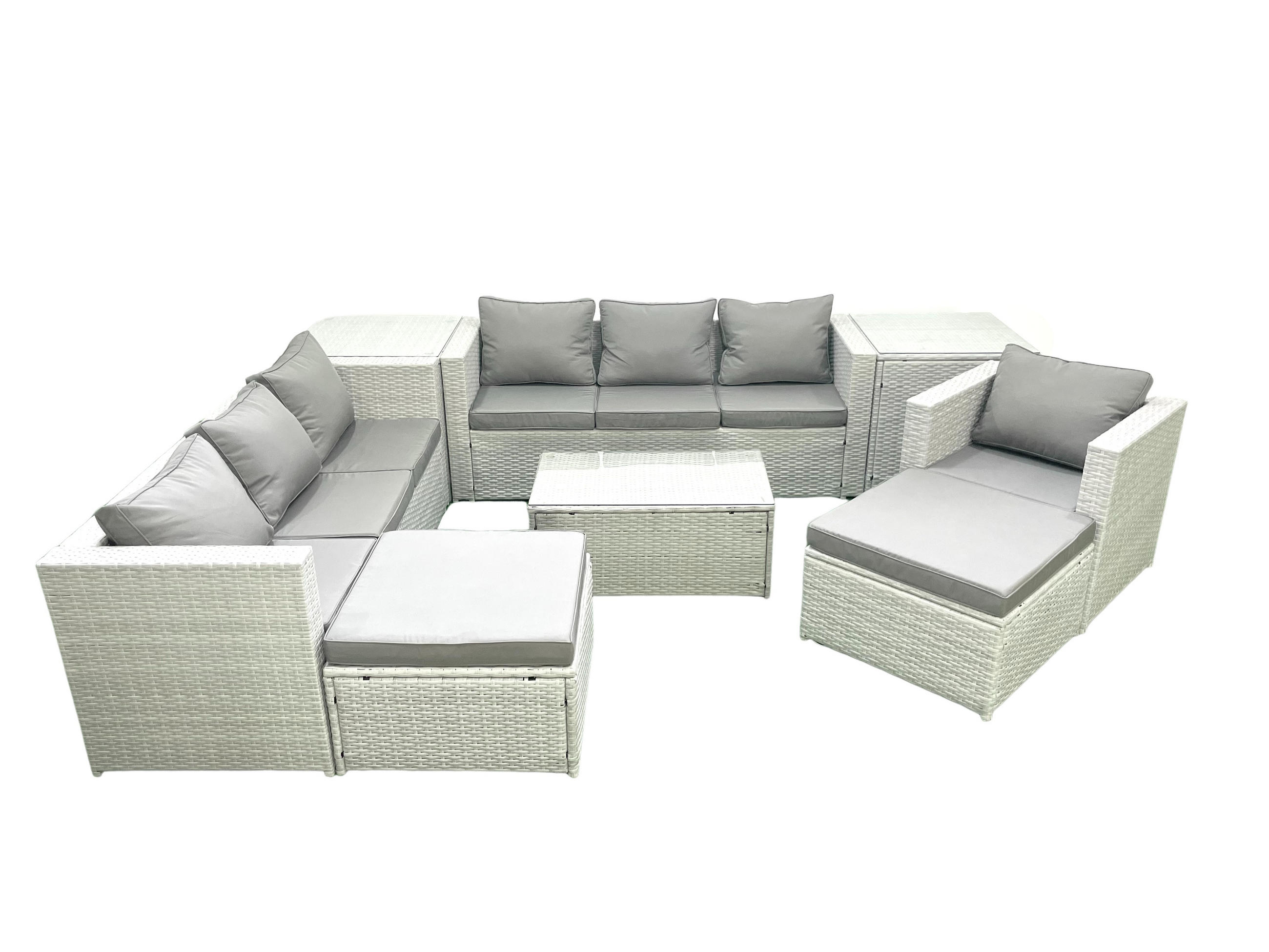 GARTENGARNITUR mit 3-SITZER SOFA,COUCHTISCH Polyrattan Hellgrau-Mix 9-Sitzer - Hellgrau/Grau, Glas/Kunststoff - Fimous
