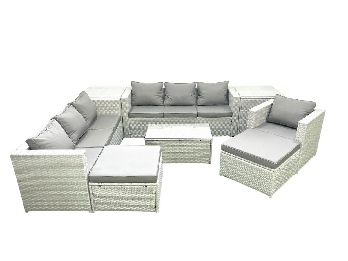 GARTENGARNITUR mit 3-SITZER SOFA,COUCHTISCH Polyrattan Hellgrau-Mix 9-Sitzer - Hellgrau/Grau, Glas/Kunststoff - Fimous