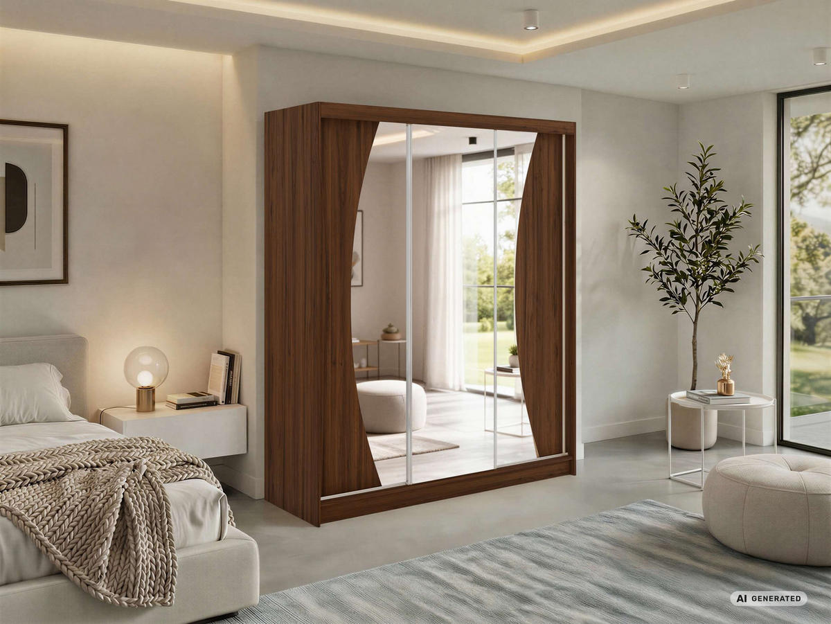SCHWEBETÜRENSCHRANK mit Schubladen 180 - VERONA - Warmia Walnuss mit Spiegel - Walnussfarben/Alufarben, Holzwerkstoff/Metall (180/216/61cm) - MKS
