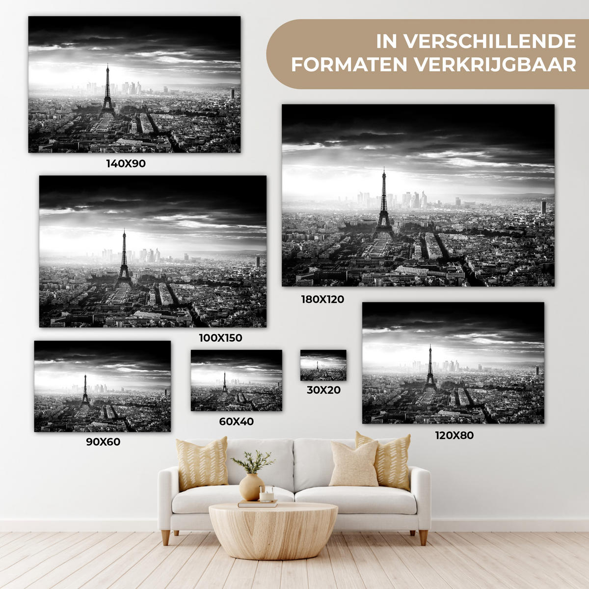 LEINWANDBILD Paris - Skyline - Eiffelturm - Stadt - Wolken Wohnzimmer Groß 120x80 cm - Dunkelgrau, Textil (120/80cm) - MuchoWow