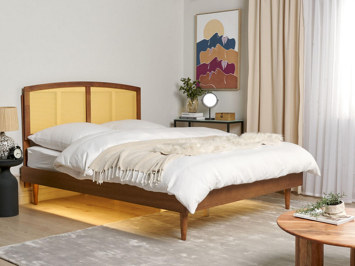 BETT mit LED 160/200 cm Gummibaumholz Braun Varzy - Braun, Holz (160/200cm) - Beliani