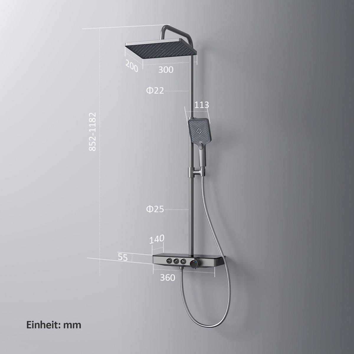 ÜBERKOPFBRAUSESET mit Dreiwege-Thermostatmischventil Regendusche Anthrazit - Anthrazit, Metall (36/110/46cm) - EMKE