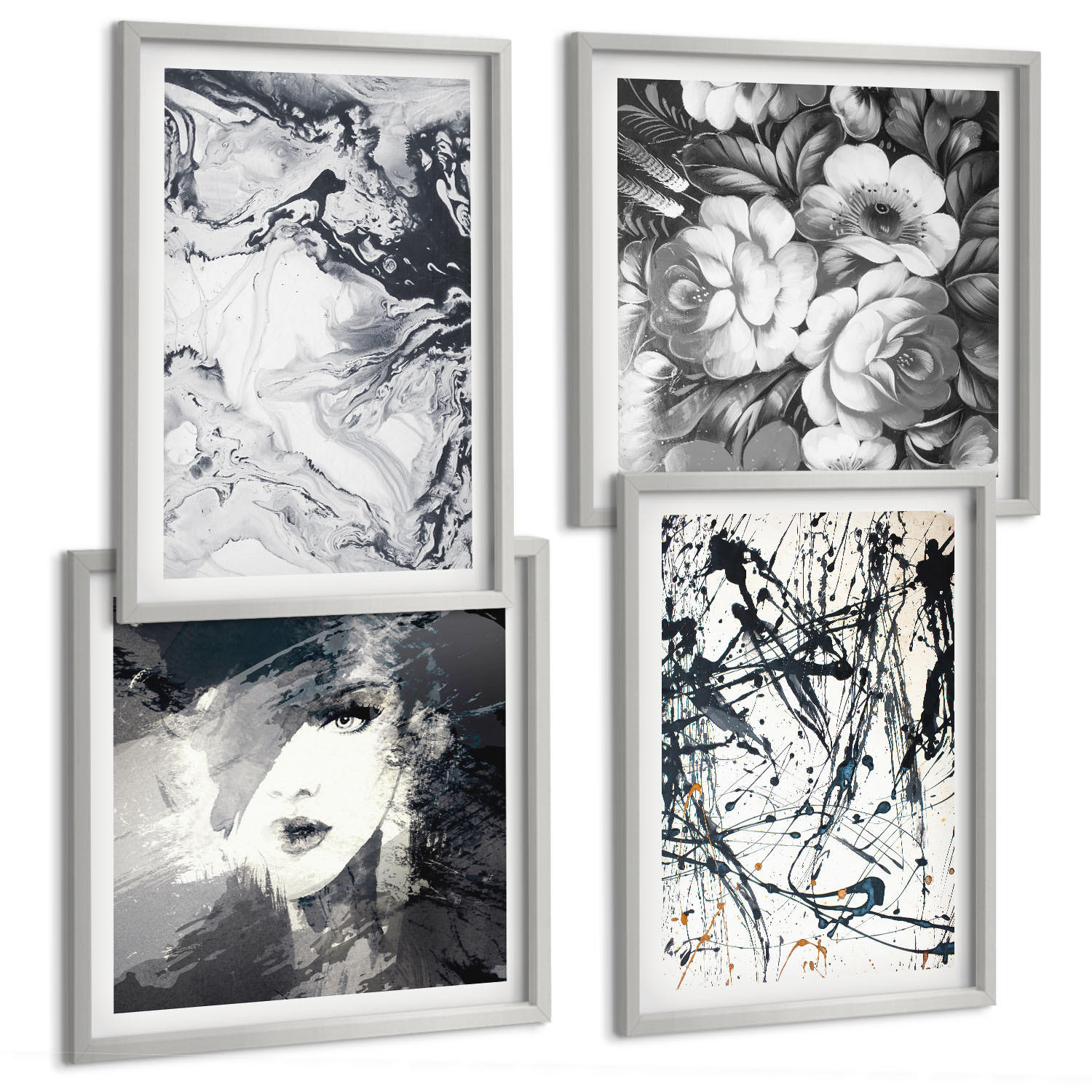 BILDER SET 4er Set - 50x50 cm & 40x60 cm Silberner Rahmen - Abstrakte schwarz-weiße Muster - Silberfarben, Kunststoff (50/50cm) - TULUP