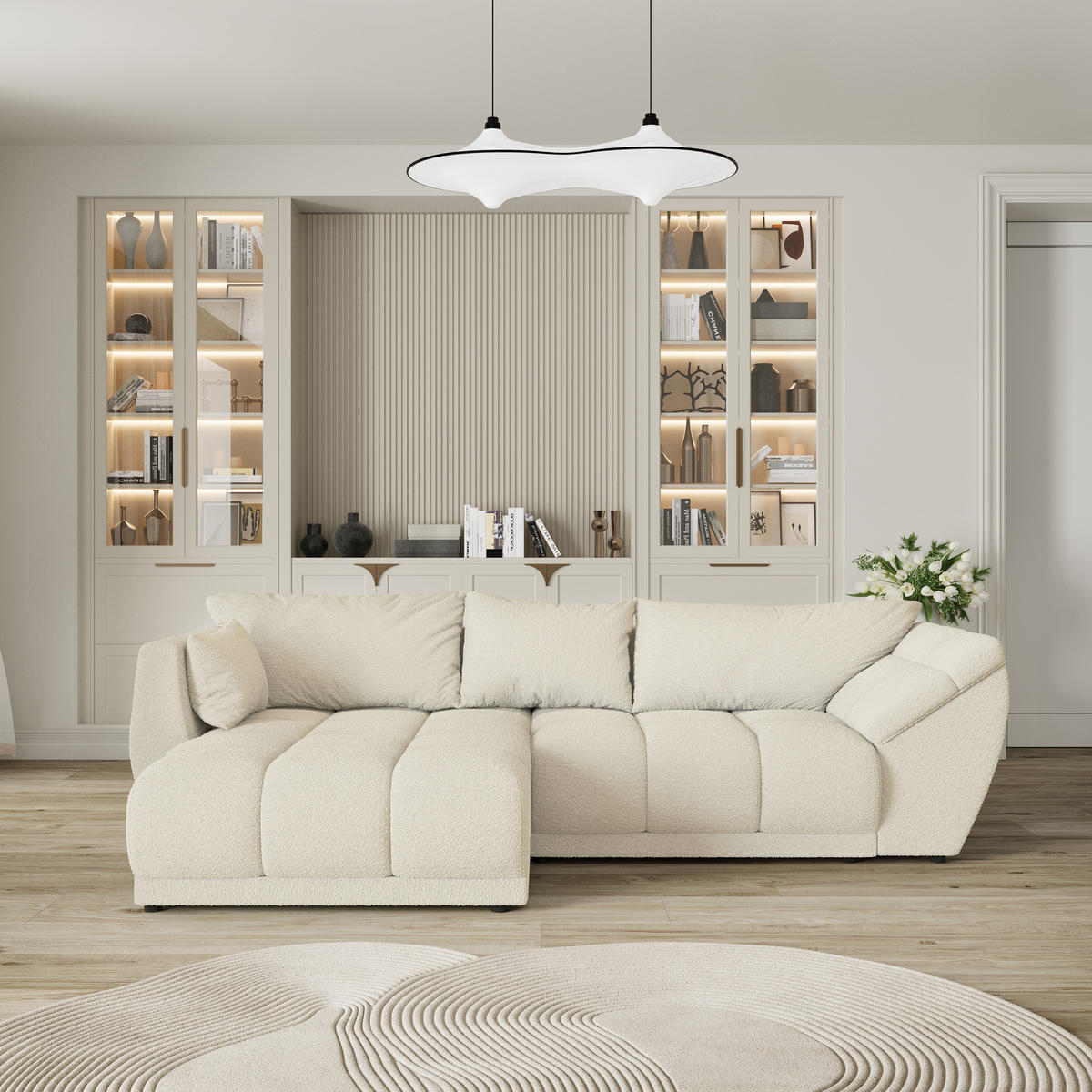 ROHOVÁ SEDAČKA ORENTI krémová - černá/krémová, dřevo/textil (287/182cm) - MASSENO