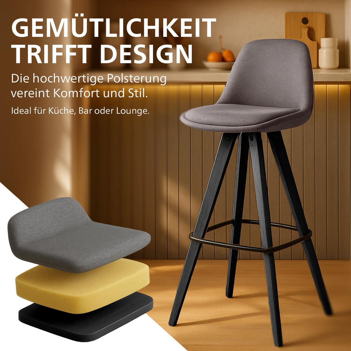 BARHOCKER 2er Set Stoff Taupe - Taupe/Schwarz, Holz/Textil (38/99/44cm) - CLP