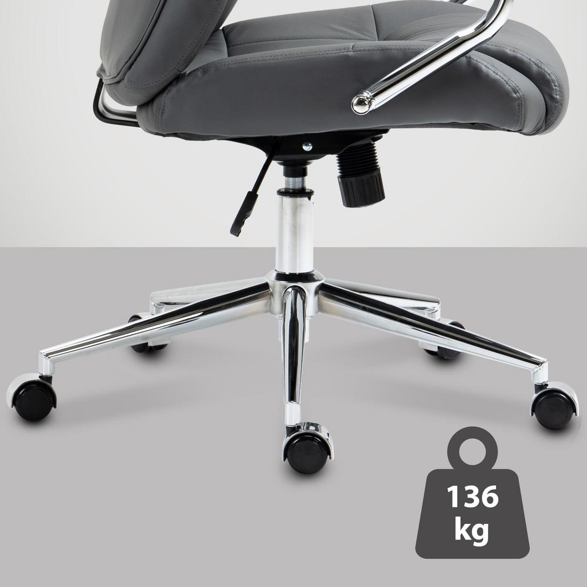 CHEFSESSEL Echtleder grau - Chromfarben/Grau, Leder/Metall (64/120/79cm) - CLP