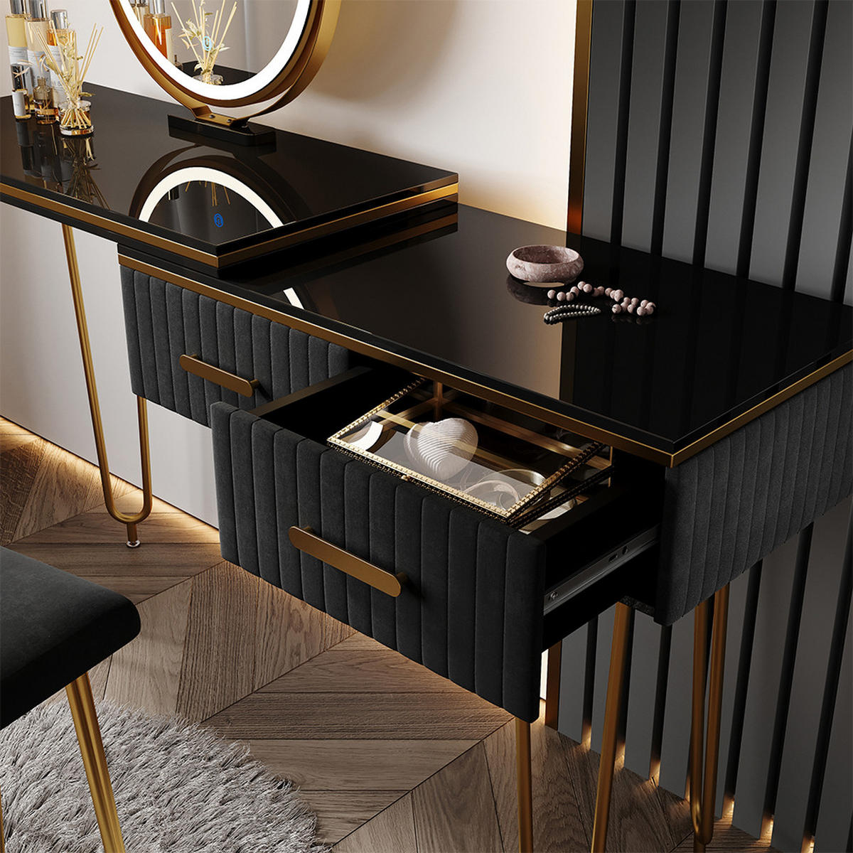 SCHMINKTISCH Zoey Schwarz 120 cm mit LED Spiegel und Hocker - Schwarz, Holzwerkstoff (120/76/37cm) - Vicco