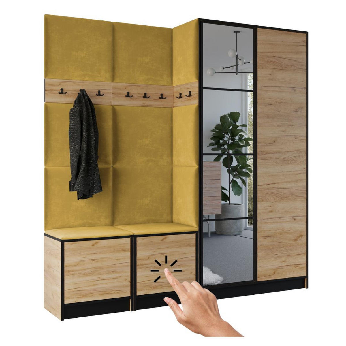 GARDEROBENSCHRANK EDEN 21 mit Spiegel - Eiche Craft Gold & Stoff Gelb - Honigeiche/Gelb, Holzwerkstoff (211/205/39cm) - Kier Furniture