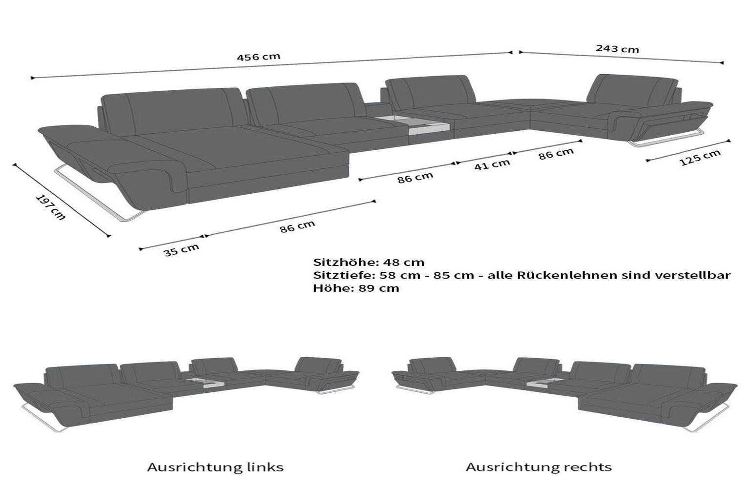 WOHNLANDSCHAFT Bari U - Schwarz/Weiß, Leder (456/89/243cm) - Sofa Dreams