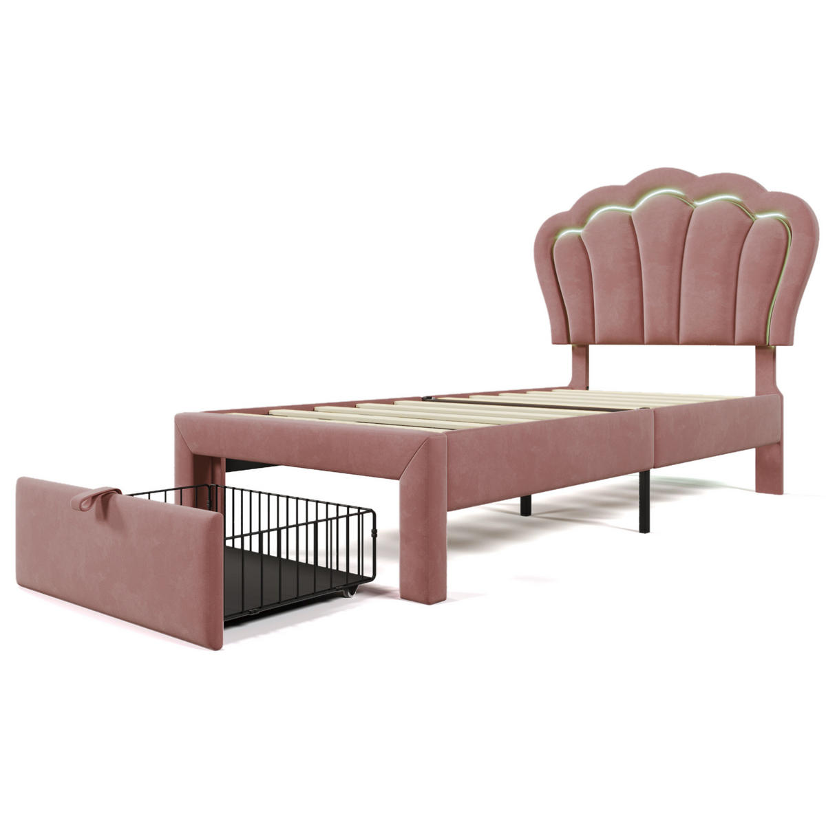 POLSTERBETT 90/190 cm mit RGB-LED, Schublade, verstellbarem Kopfteil und Blumenmuster aus Samt, Rosa - Rosa, Textil (90/190cm) - Redom