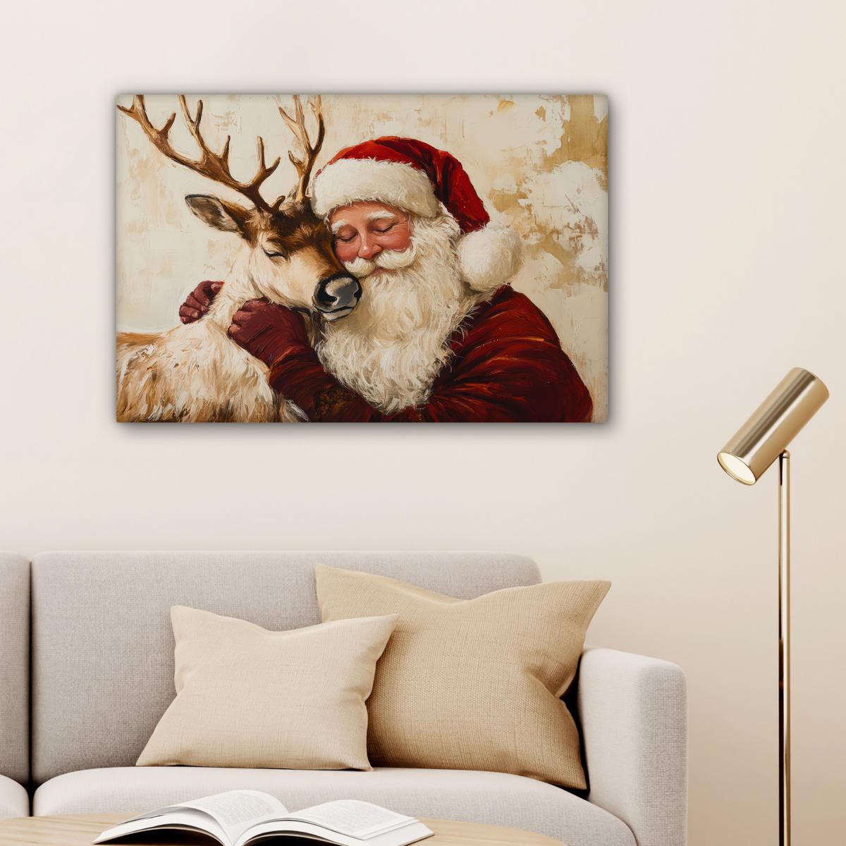 LEINWANDBILD Weihnachtsmann - Rentier - Weihnachten Wanddeko 90x60 cm - Rotbraun, Textil (90/60cm) - MuchoWow