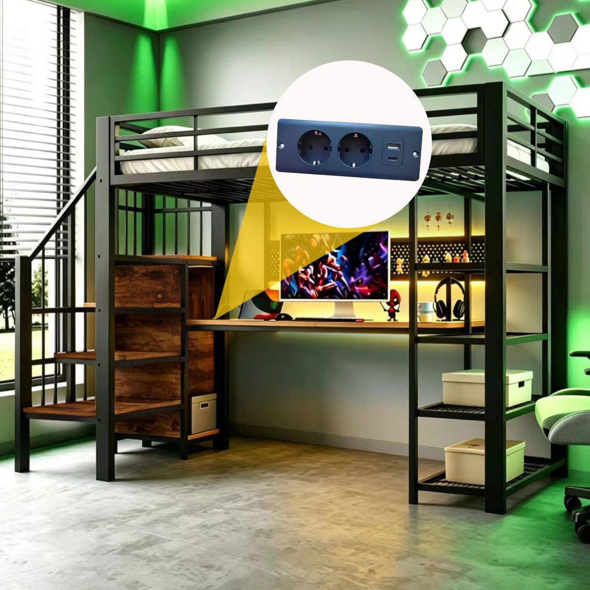HOCHBETT 90/200 cm aus Metall und Holz mit Treppe Schreibtisch und LED-Beleuchtung Schwarz - Schwarz, Metall (90/200cm) - Modenvie