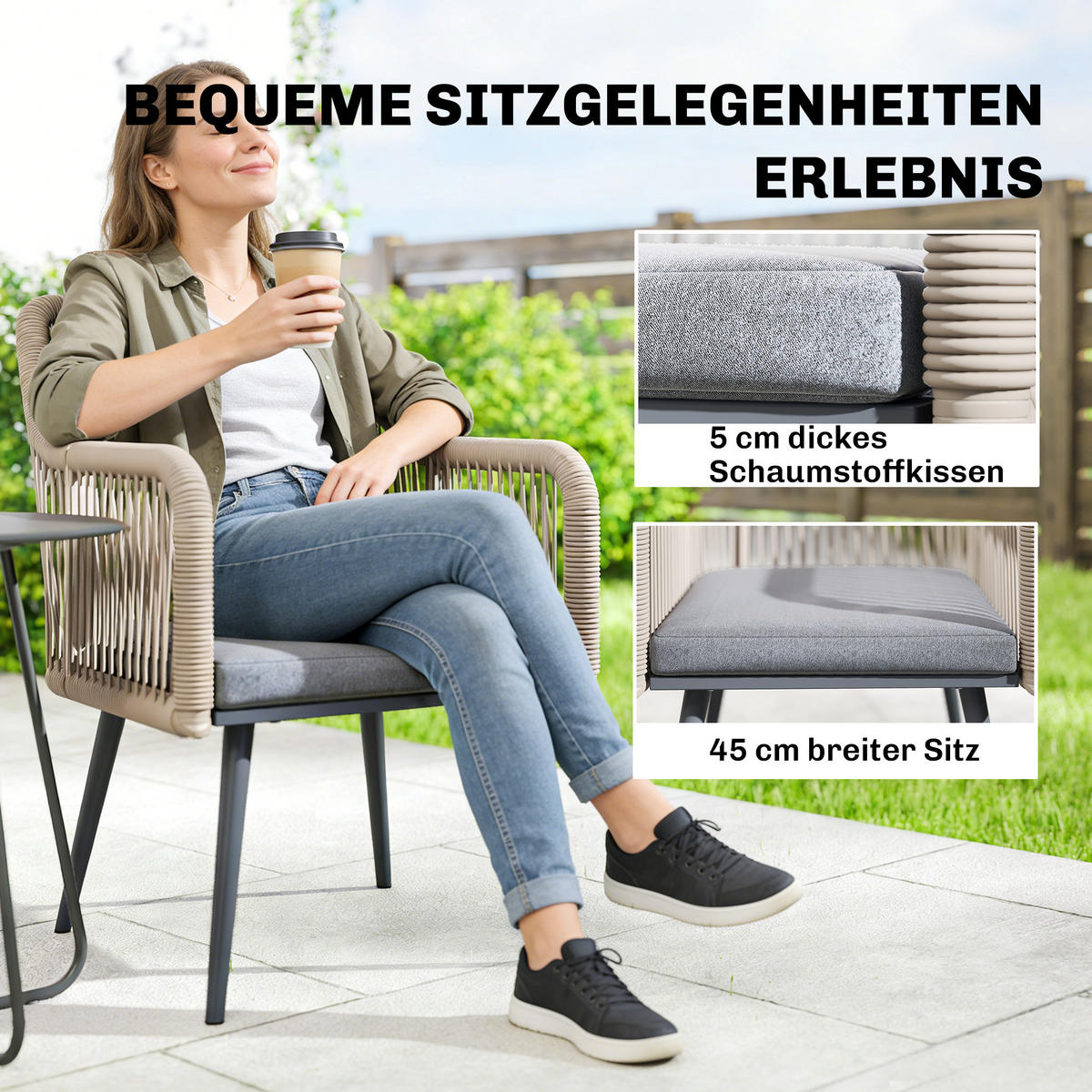GARTENSTUHL 2er Set wetterfest Gartenstühle mit Armlehne Sitzkissen Metallrahmen bis 120 kg belastbar Hellgrau - Hellgrau, Metall (65/80/54cm)