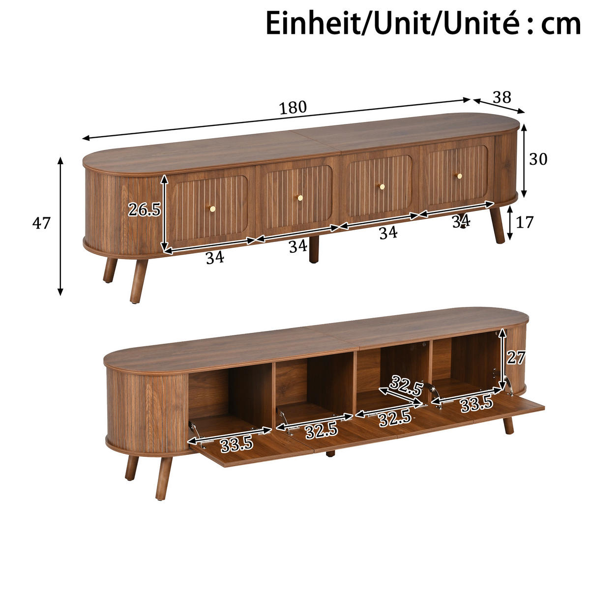 TV-SCHRANK 180/38/47 cm Nussbaum aus MDF und Spanplatte mit Klapptüren - Braun, Holzwerkstoff (180/47/38cm) - OKWISH