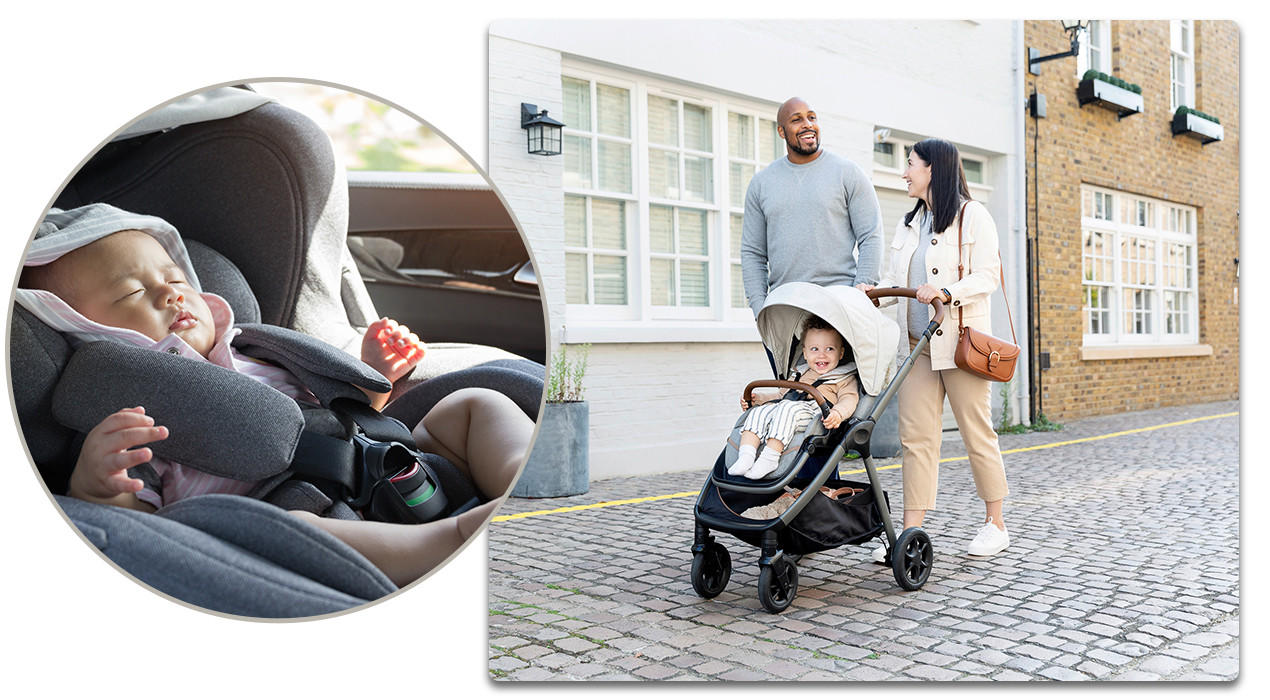 Familie mit baba im Kinderwagen und baby in babyschale