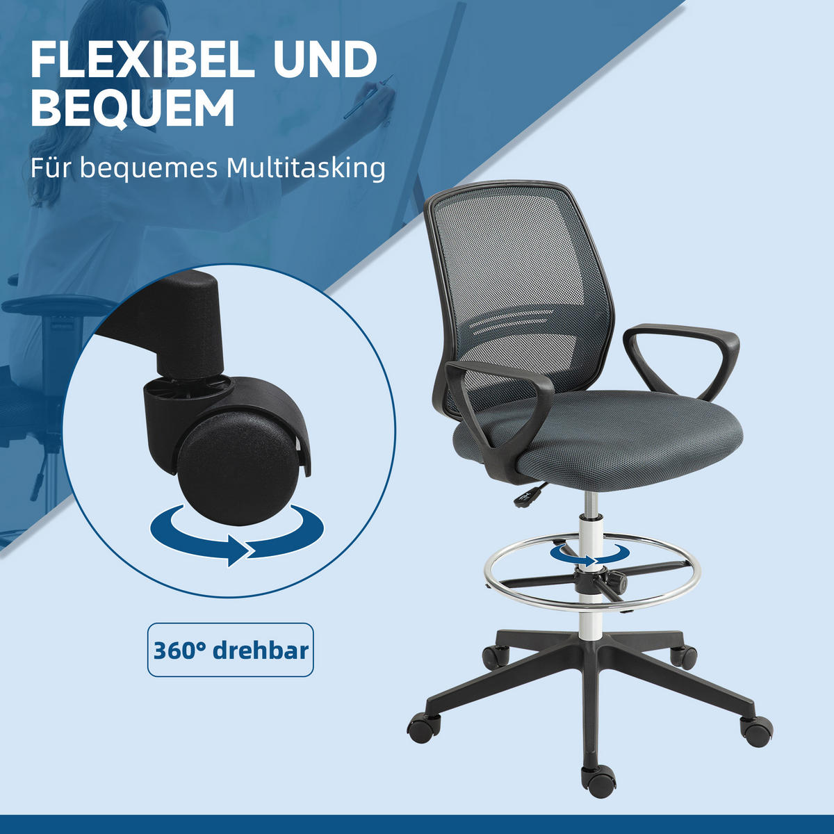 BÜROSTUHL DE-05184 Mit Armlehnen, Fußring & Netzbespannung Grau - Grau, Kunststoff (66/120/68cm) - ComfortXL