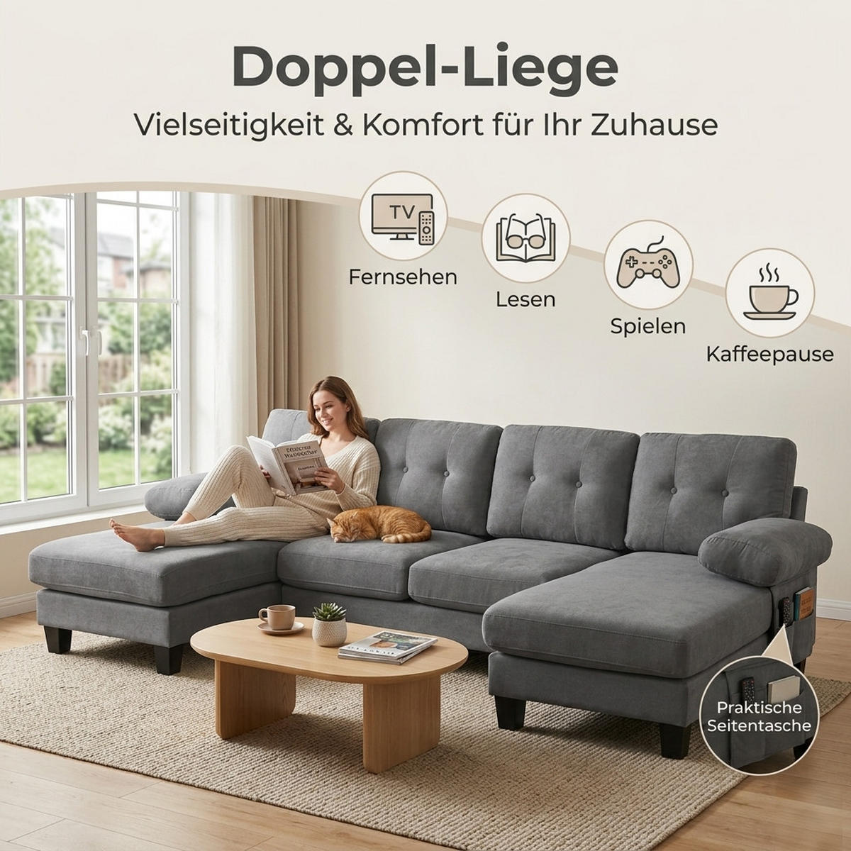 WOHNLANDSCHAFT 268/128/84 cm Grau Chenille - Grau, Textil (242/84/128cm) - Oxeza