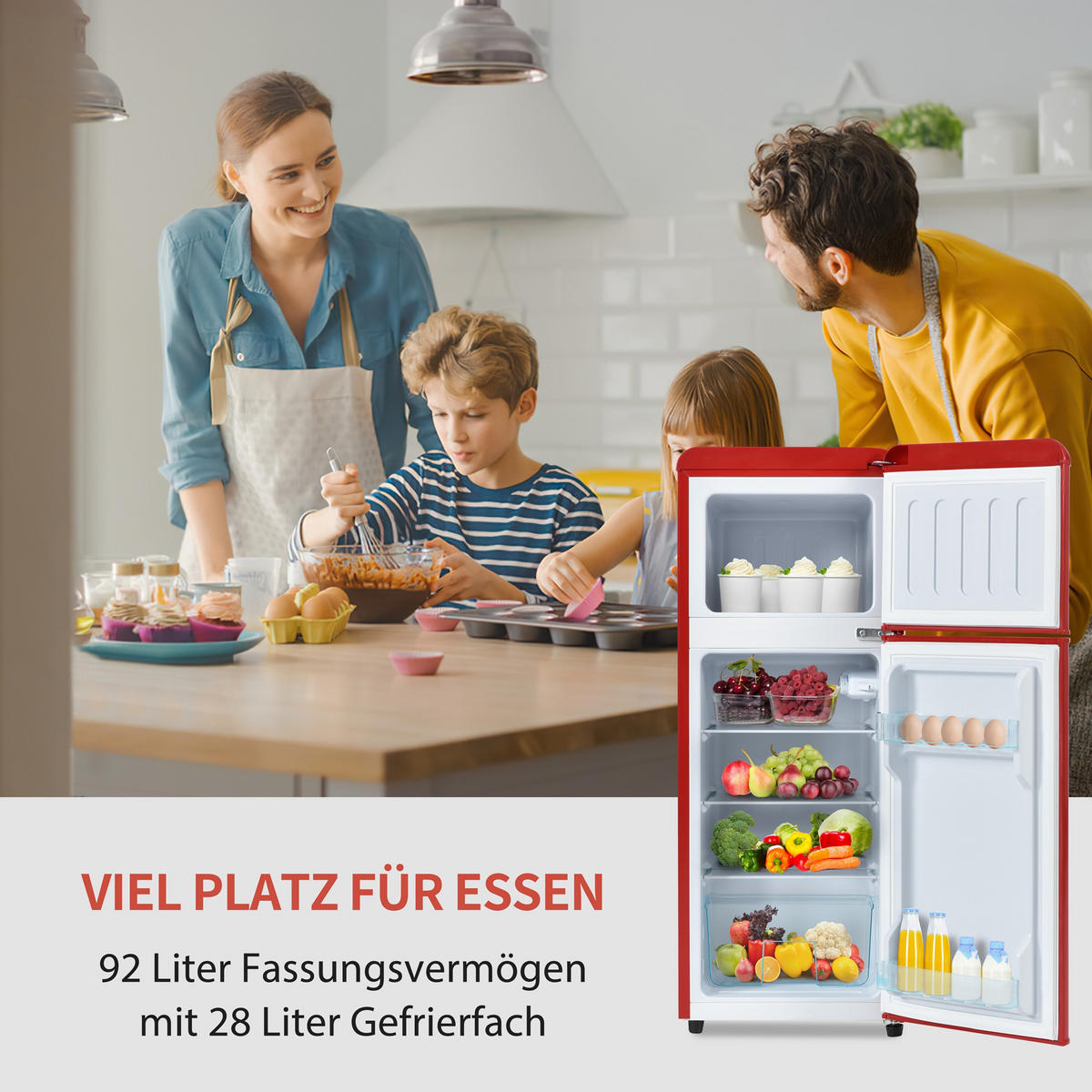 RETRO KÜHLSCHRANK 105cm 92L 2-Tür LED Gefrierkombination - Rot, Kunststoff (41/45.5/105.5cm) - FLIEKS