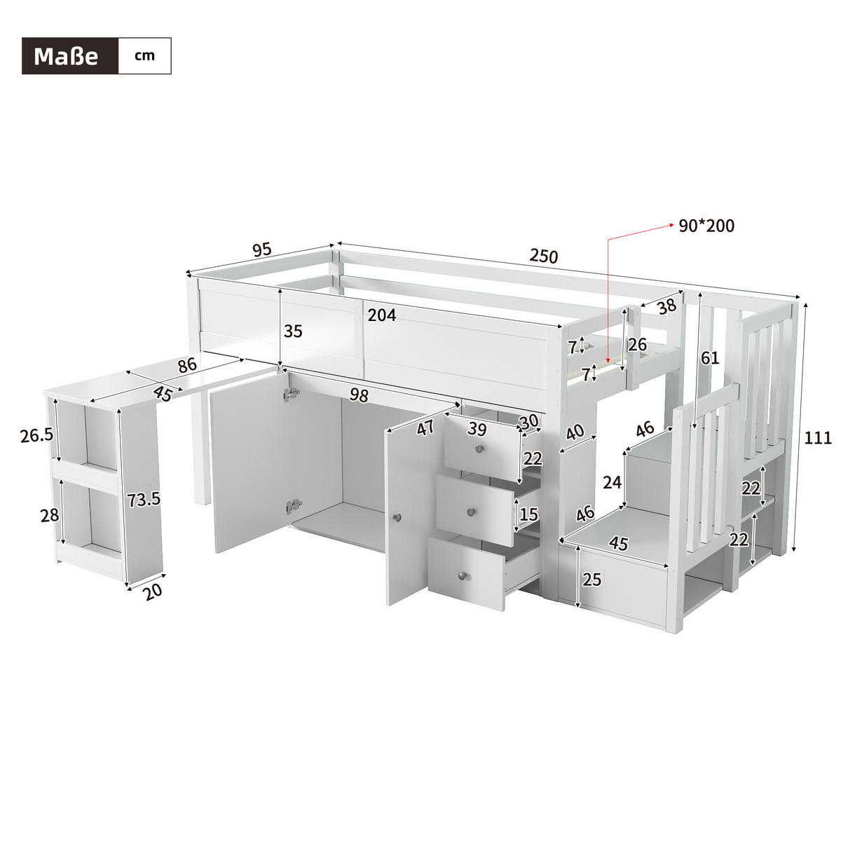 KINDERBETT 90x200cm Weiß Mit Schreibtisch Schrank Schublade Treppe - Weiß, Holzwerkstoff (90/200cm) - FLIEKS