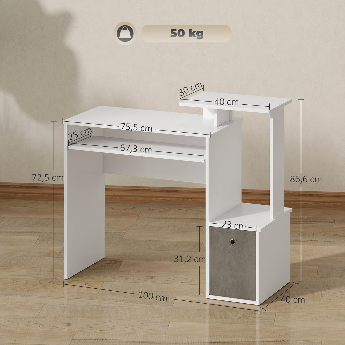 SCHREIBTISCH Weiß-Grau mit Tastaturauszug und Ablagefächern 100/40/86.6 cm - Grau, Holzwerkstoff (40/100/86.6cm) - PANGIVO
