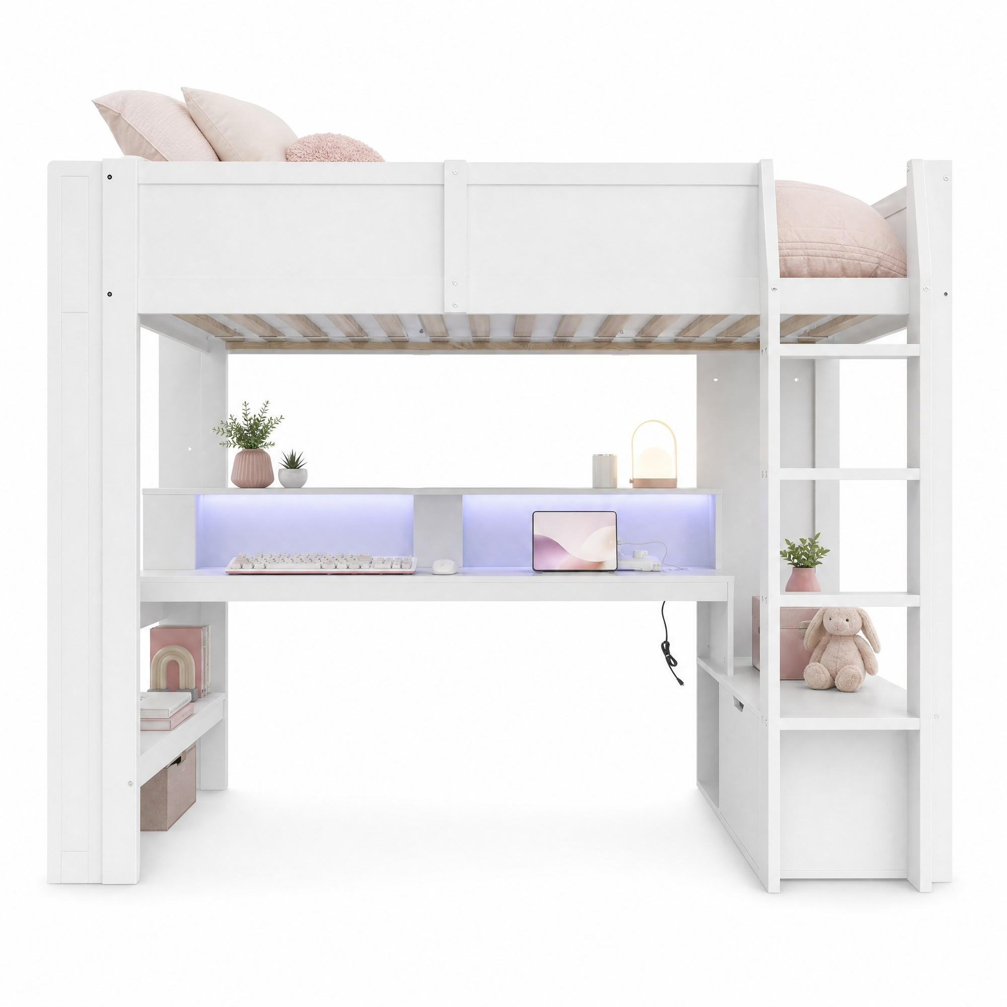 HOCHBETT 90/200 cm in Weiß mit Schreibtisch, Regal, Schublade und LED - Weiß, Holz/Holzwerkstoff (90/200cm) - CHICFURN