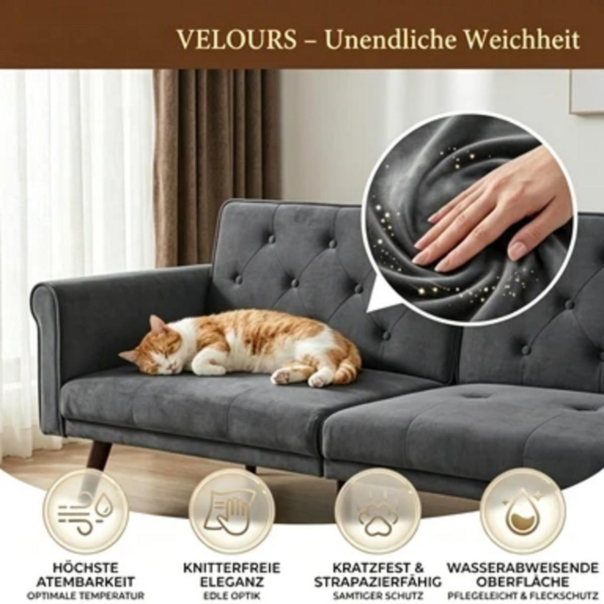 SCHLAFSOFA aus Samt mit verstellbaren Rückenlehnen, grau - Grau, Textil (89/70/172cm) - Luhomfu