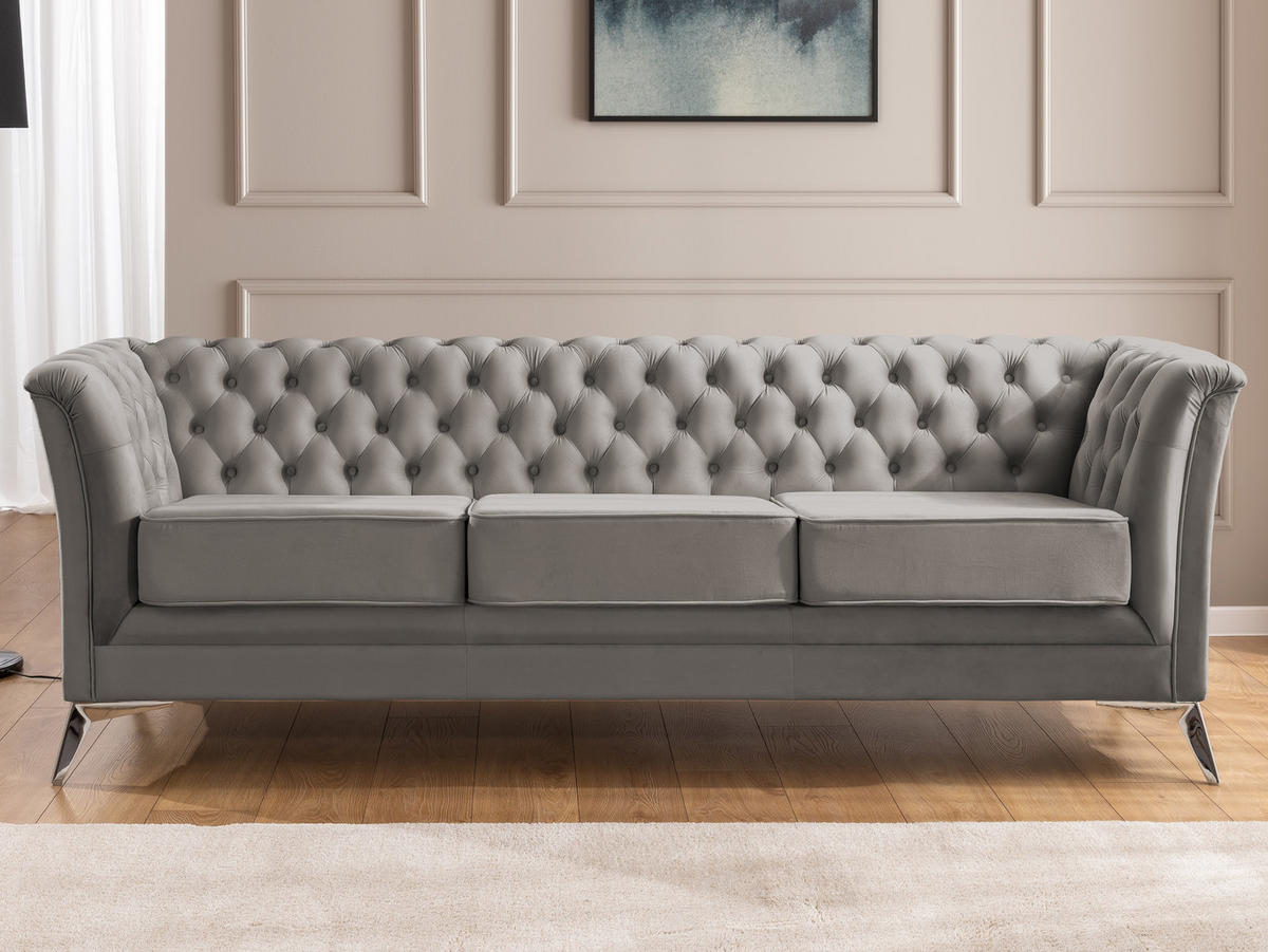 SITZGARNITUR 3+1 Chesterfield Whitby Grau Samt mit silbernen Füßen - Silberfarben/Grau, Holz/Textil (237/78/82cm) - S-Style Möbel