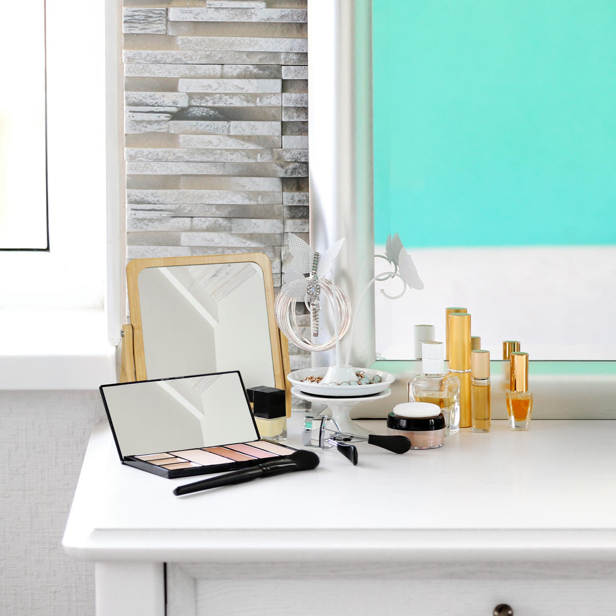 KOSMETIKSPIEGEL - Silberfarben, Glas/Holz (26.5/27/7cm) - Relaxdays