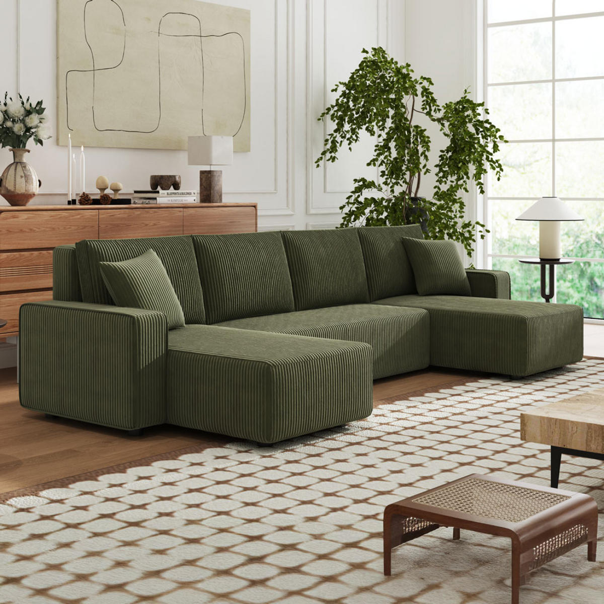 PANORAMA-SCHLAFSOFA salisbury grün 6-sitzer cord - Grün, Holz (318/82/142cm) - Concept Usine