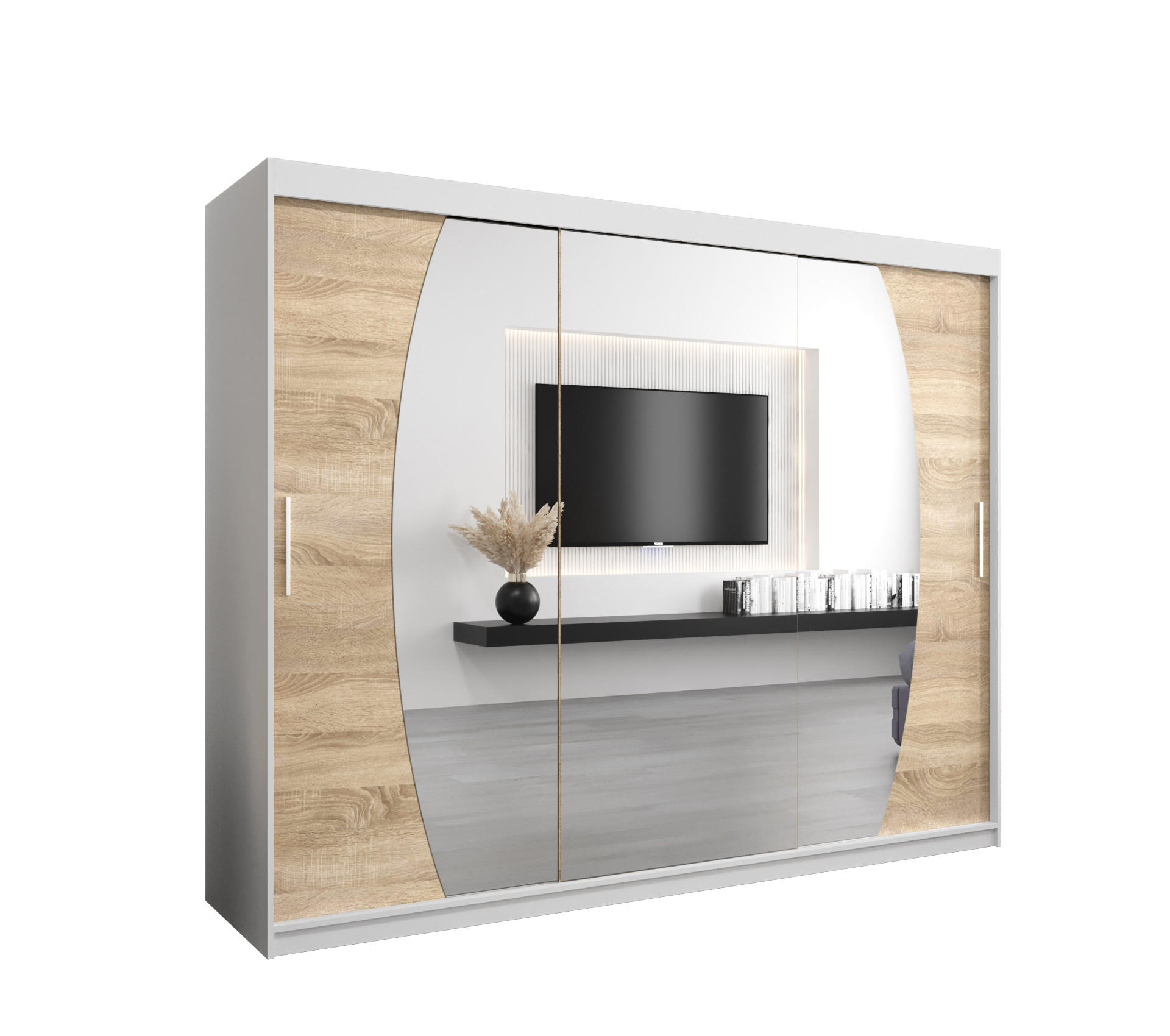 Abiks Möbel SCHWEBETÜRENSCHRANK Weiß, Sonoma Eiche 250cm × 62cm × 200cm