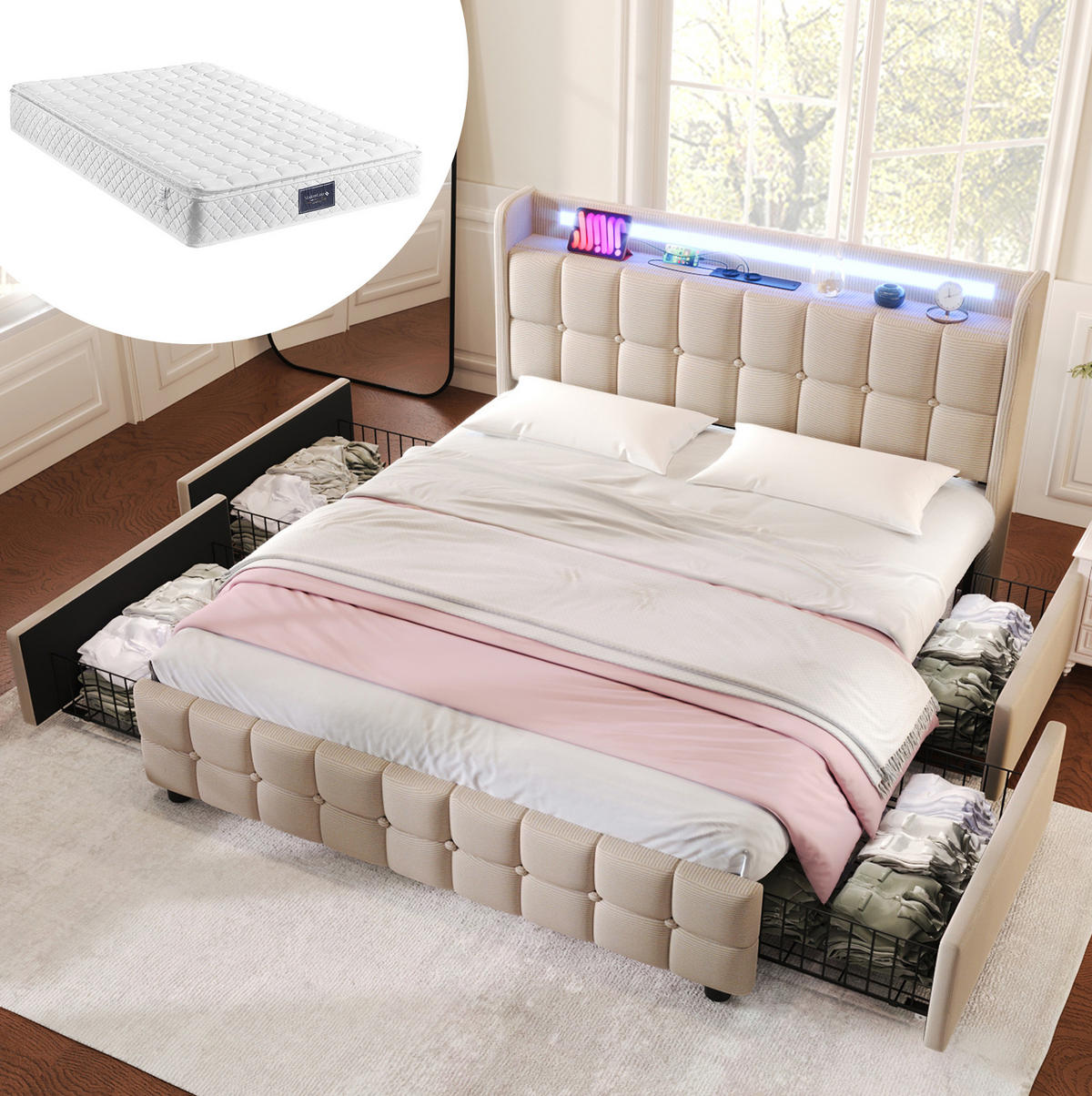 POLSTERBETT 160/200 cm mit USB, Steckdosen, LED-Beleuchtung, 4 Schubladen und Matratze, Beige - Beige, Holz (160/160cm) - Redom