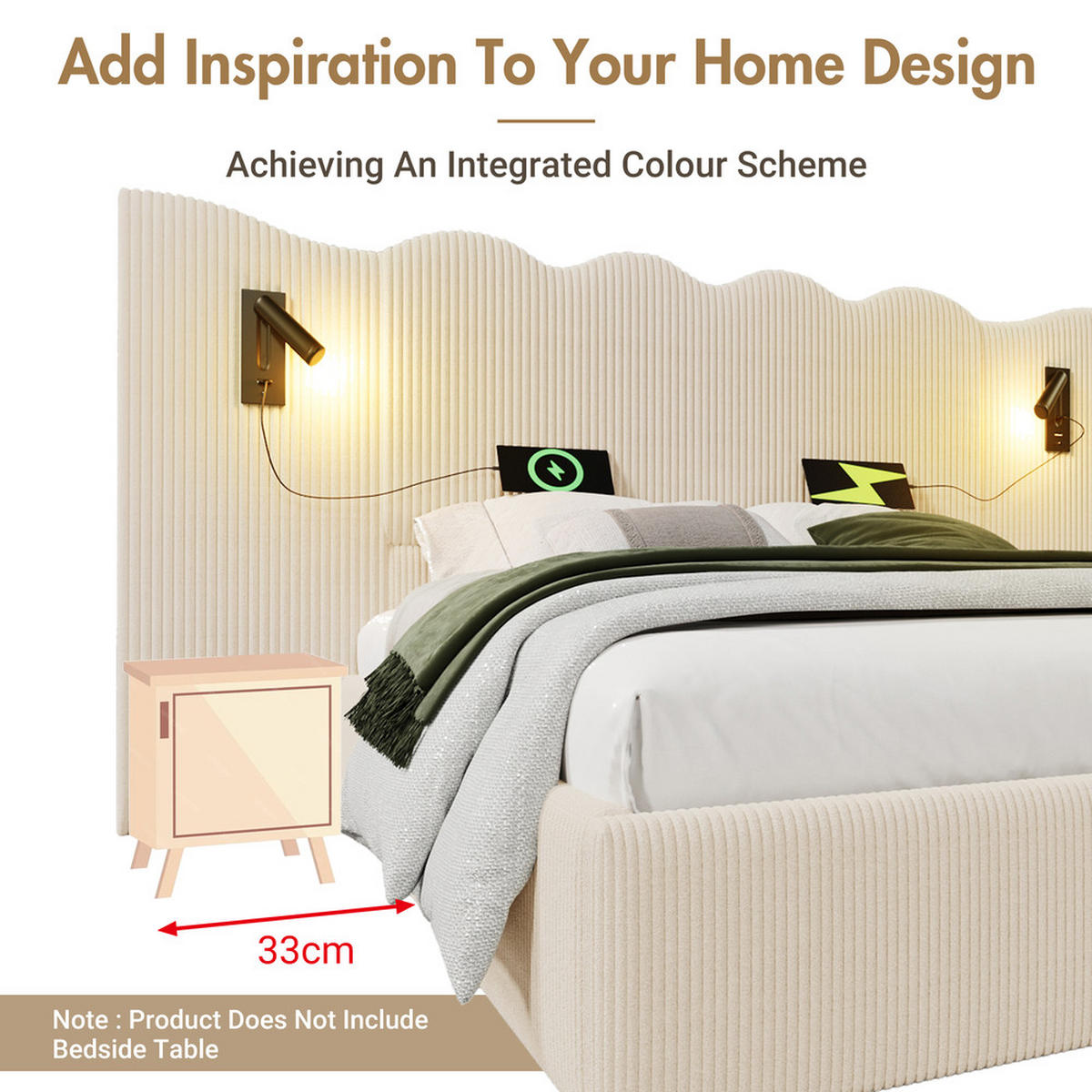 POLSTERBETT 180x200cm Doppelbett Leselampe USB-C Stauraum Beige-Weiß Cord - Beige, Holz - FLIEKS