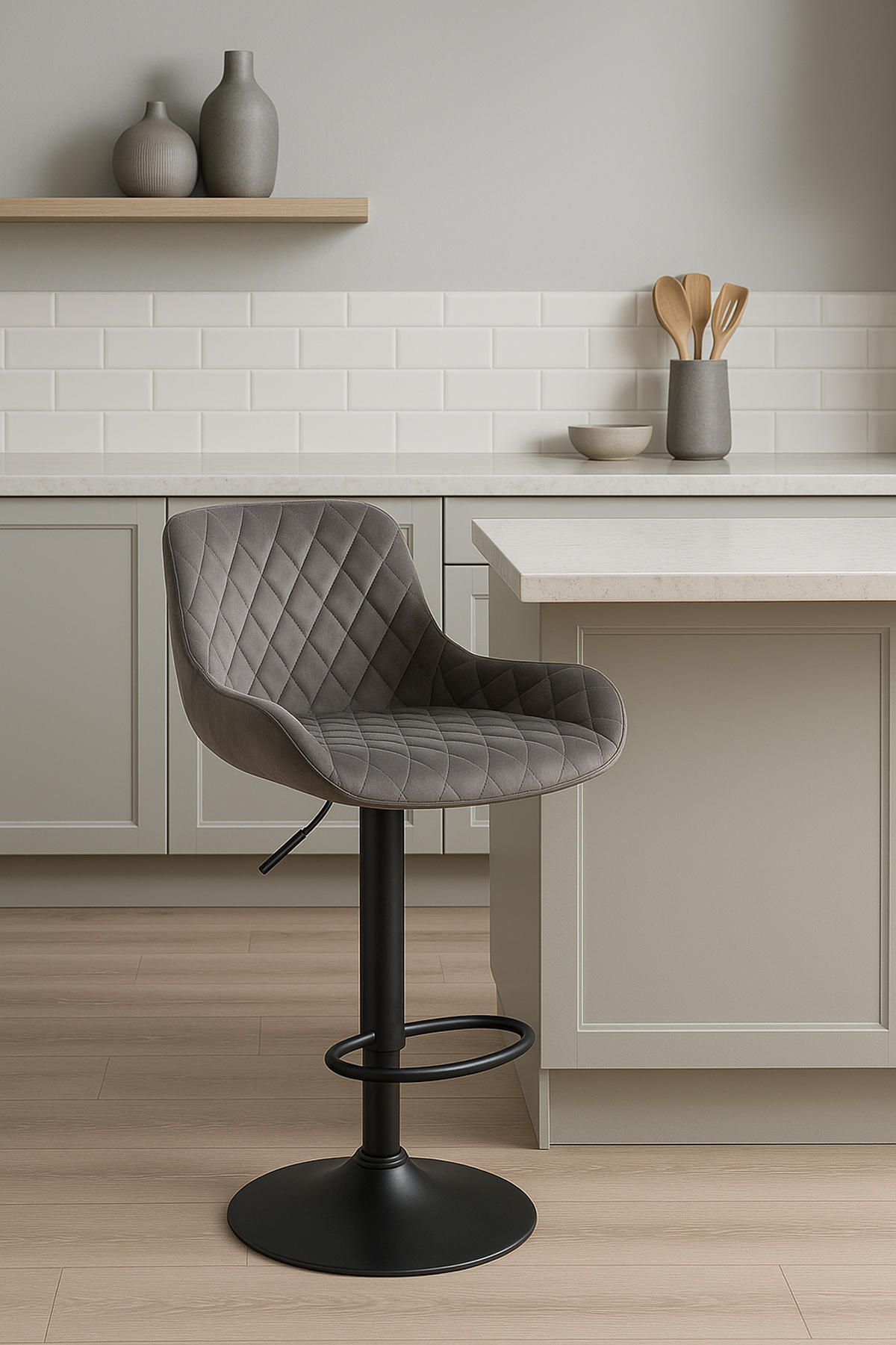 BARHOCKER Minerva Samt dunkelgrau - Schwarz/Grau, Textil/Metall (48/105/54cm) - TPFLiving