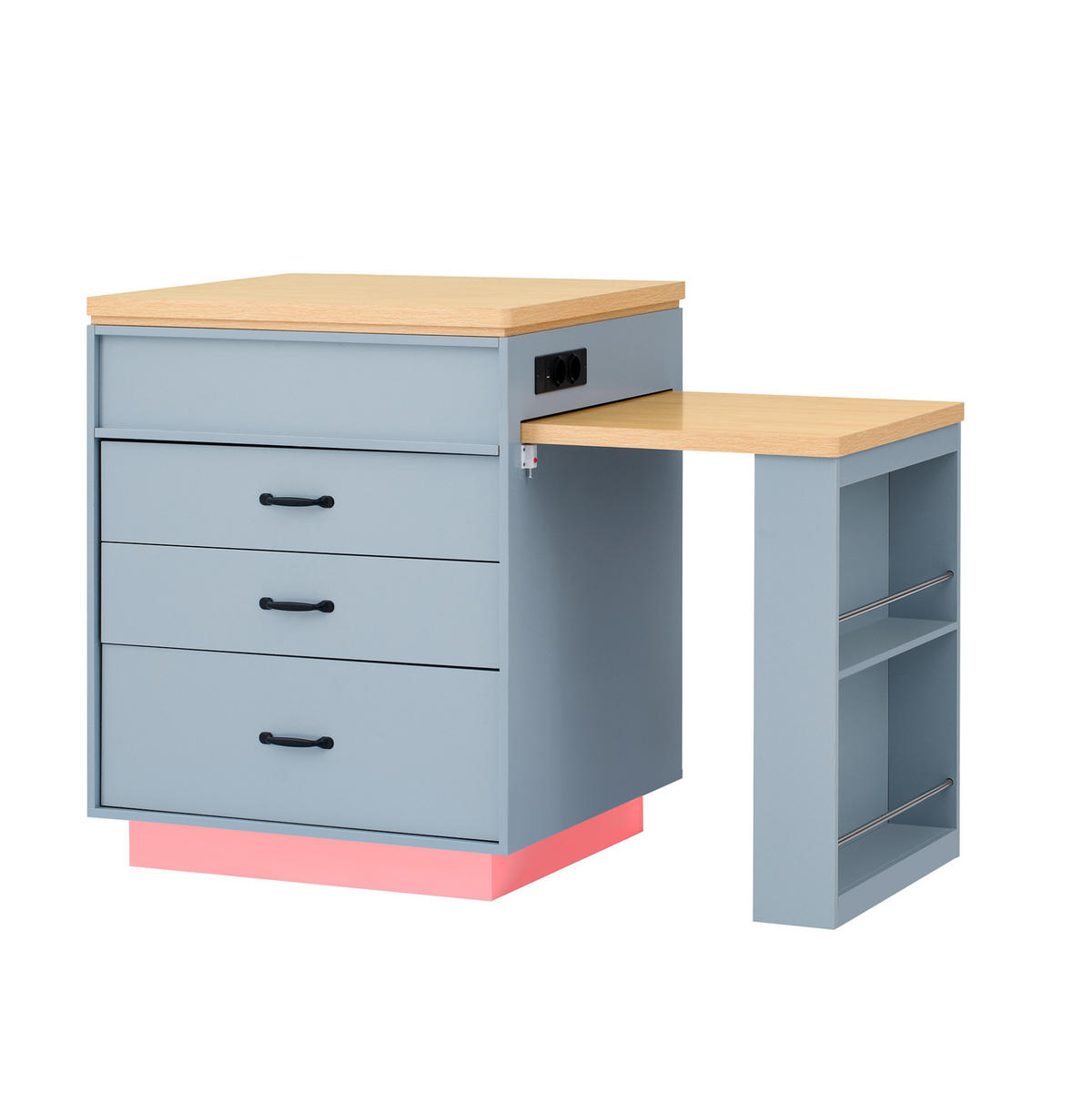 KUCHYNSKÝ ostrovček 125,5–187,5/71/93 cm modrý z MDF s výsuvným stolom LED osvetlením a nabíjacou stanicou - svetlomodrá, kompozitné drevo (125.5/93/71cm) - OKWISH