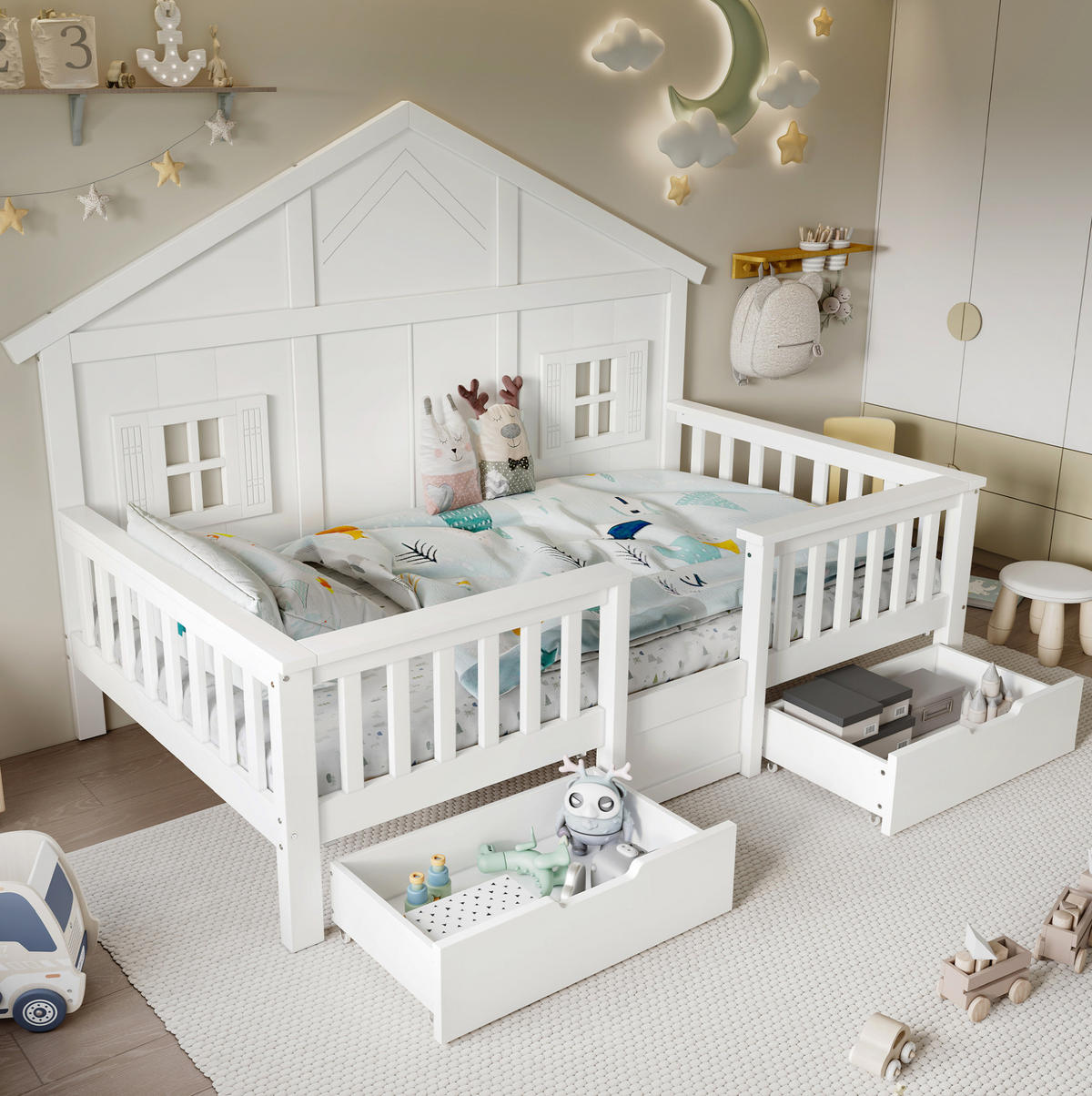 KINDERBETT 90/200 cm Weiß aus Kiefer und MDF mit Dach, Fenstern und 2 Schubladen - Weiß, Holz (90/200cm) - OKWISH
