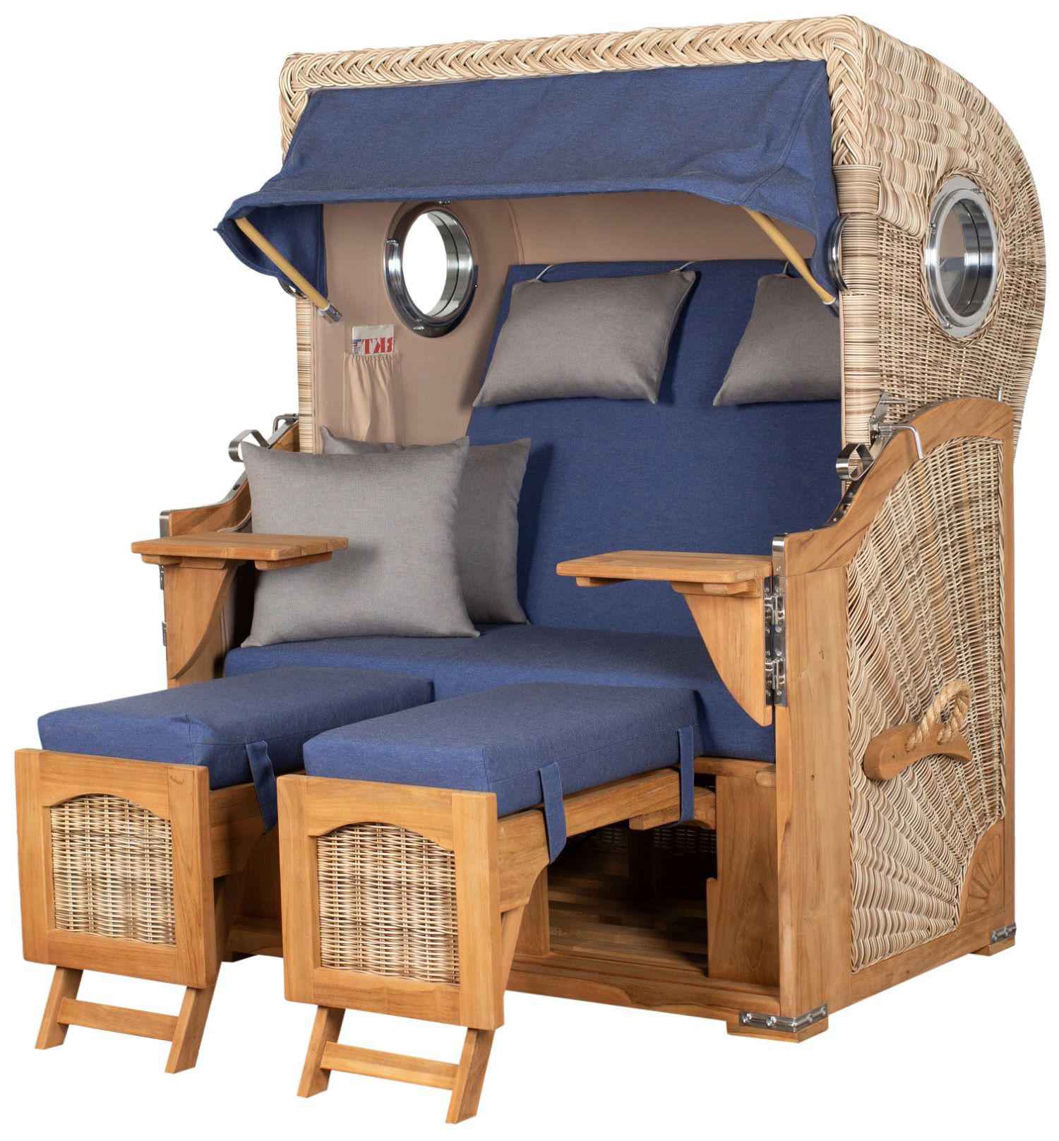 STRANDKORB Komplettset: Ammersee Teak Bullauge - PE shell - Modell 595 - Blau/Grau, Holz/Kunststoff (125/165/80cm) - bene living