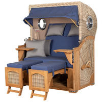 STRANDKORB Komplettset: Ammersee Teak Bullauge - PE shell - Modell 595 - Blau/Grau, Holz/Kunststoff (125/165/80cm) - bene living