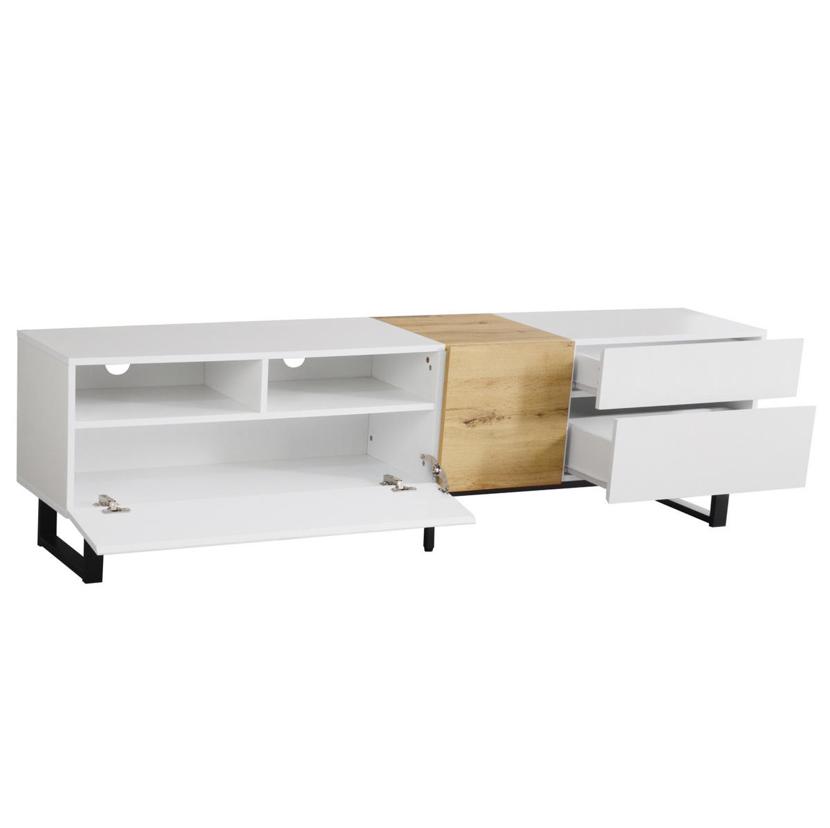 LOWBOARD 180/38/50 cm aus MDF mit 2 Schubladen und schwarzen Metallfüßen Weiß/Holzoptik - Weiß, Holzwerkstoff (180/50/38cm) - Modenvie