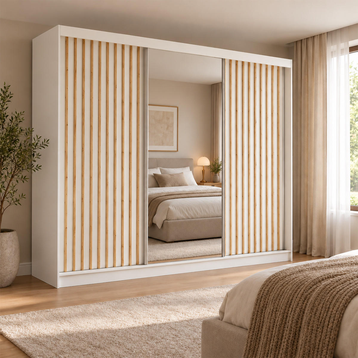 KLEIDERSCHRANK Lumil 240 cm Weiß Spiegel Griffe silber - Weiß, Holzwerkstoff (240/216/61cm) - KS Home Concept