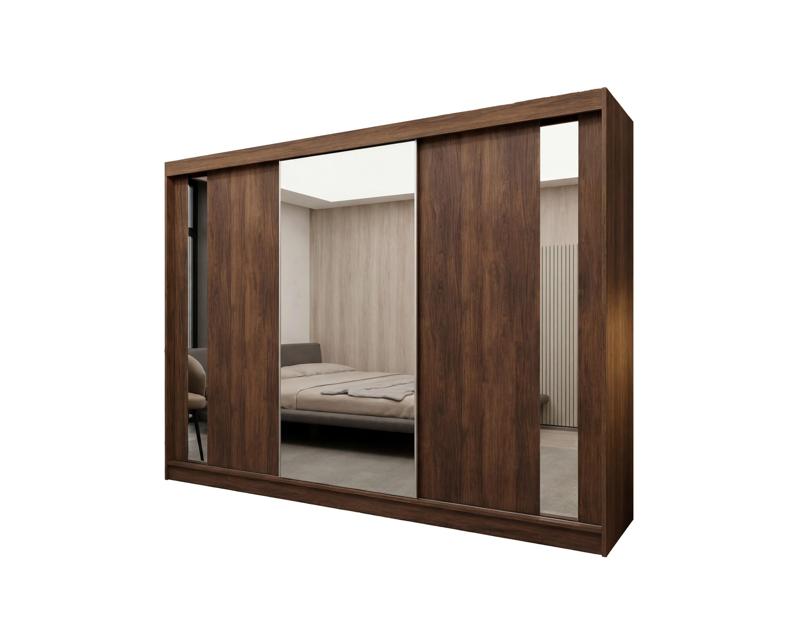 SCHWEBETÜRENSCHRANK Gabo 240 cm mit Spiegel, 3-türig, Nuss Warmia - Dunkelbraun, Kunststoff (240/216/61cm) - Margaret Hadas24