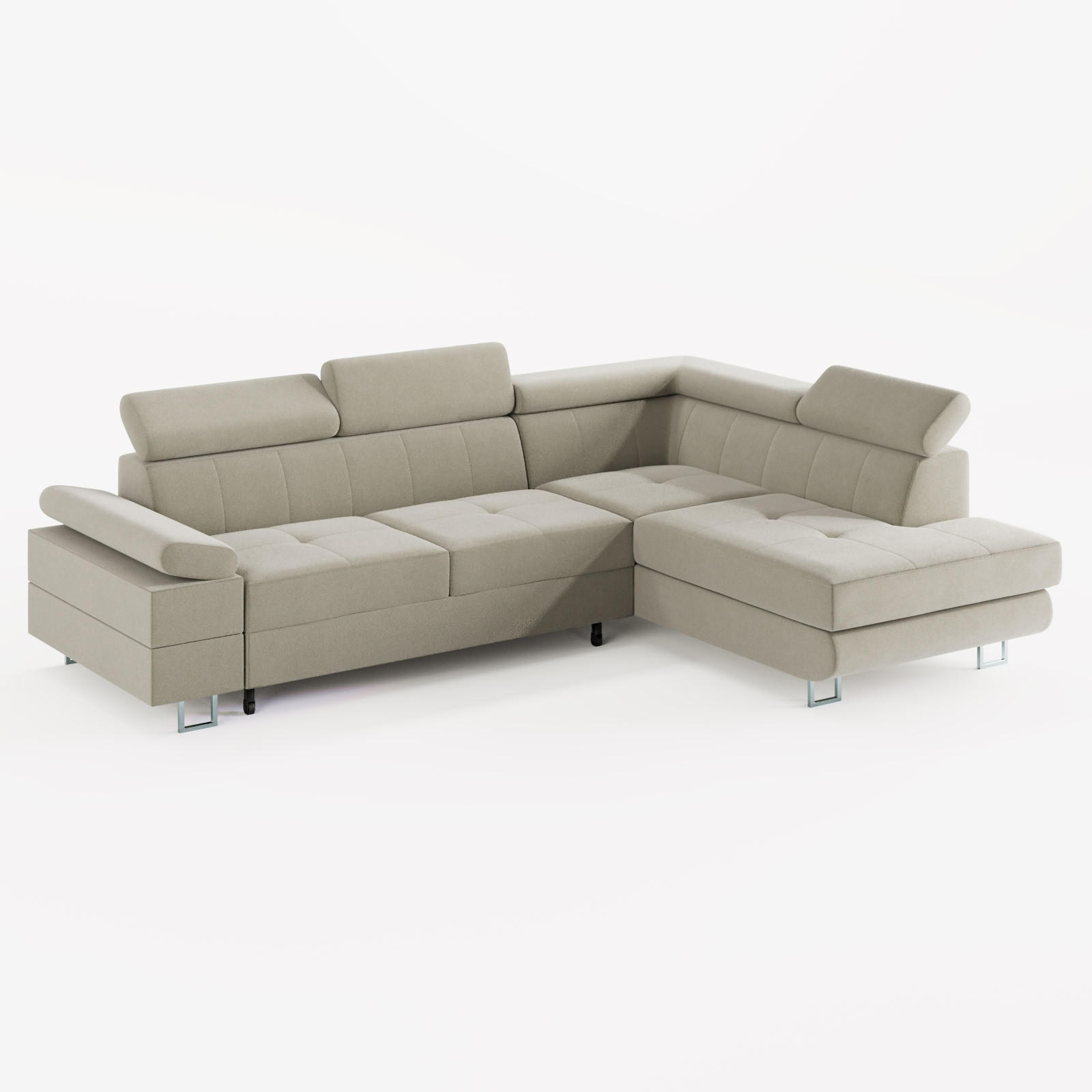 ECKSOFA CAROLINE Rechts Beige matter Veloursstoff mit Schlaffunktion und Bettkasten - Chromfarben/Beige, Textil (253/190cm) - Barchello