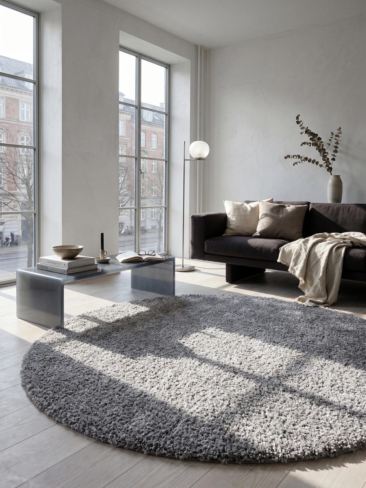 TEPPICH Wohnzimmer Hochflor Einfarbig Weich Flauschig Waschbar Rund Hellgrau 120x120 cm – RHEIN - Grau, Textil (120/120cm) - KADIMA DESIGN