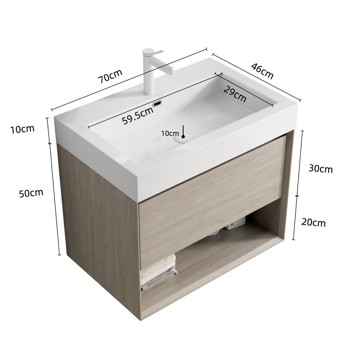 WASCHTISCH mit Mineralwerkstoffbecken Eiche Hell/Weiß - Weiß, Holzwerkstoff (46/60/70cm) - Beauniv