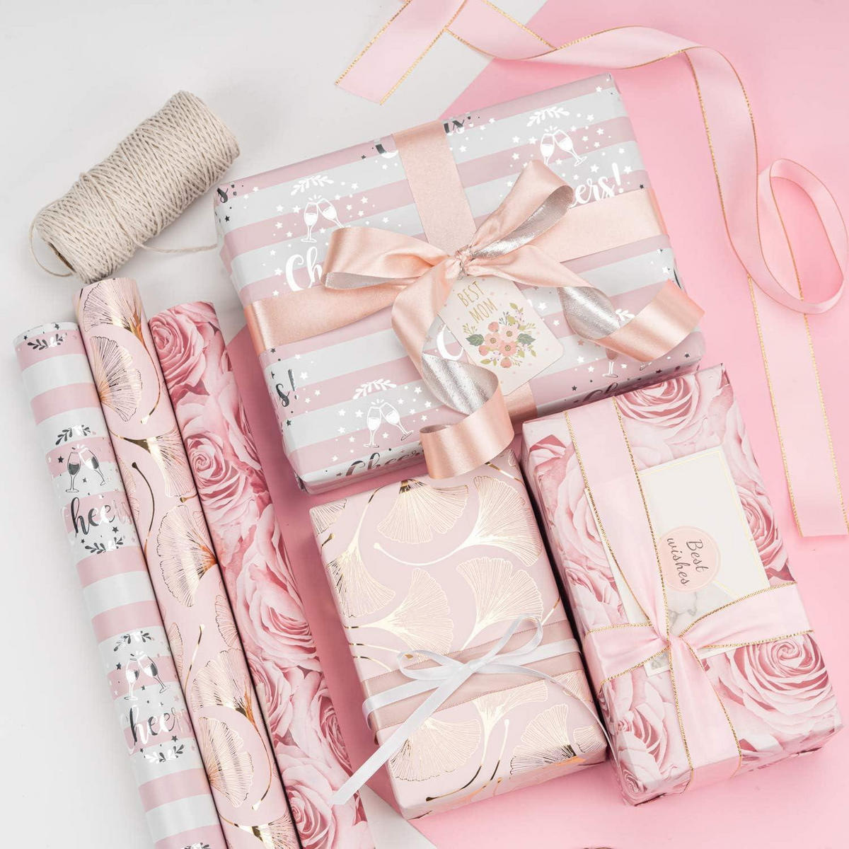 GESCHENKPAPIER 3 Rollen Set Rosa Blumenmuster 43,2 cm x 3,05 m - Multicolor, Papier (6.7/11.8/6.7cm)