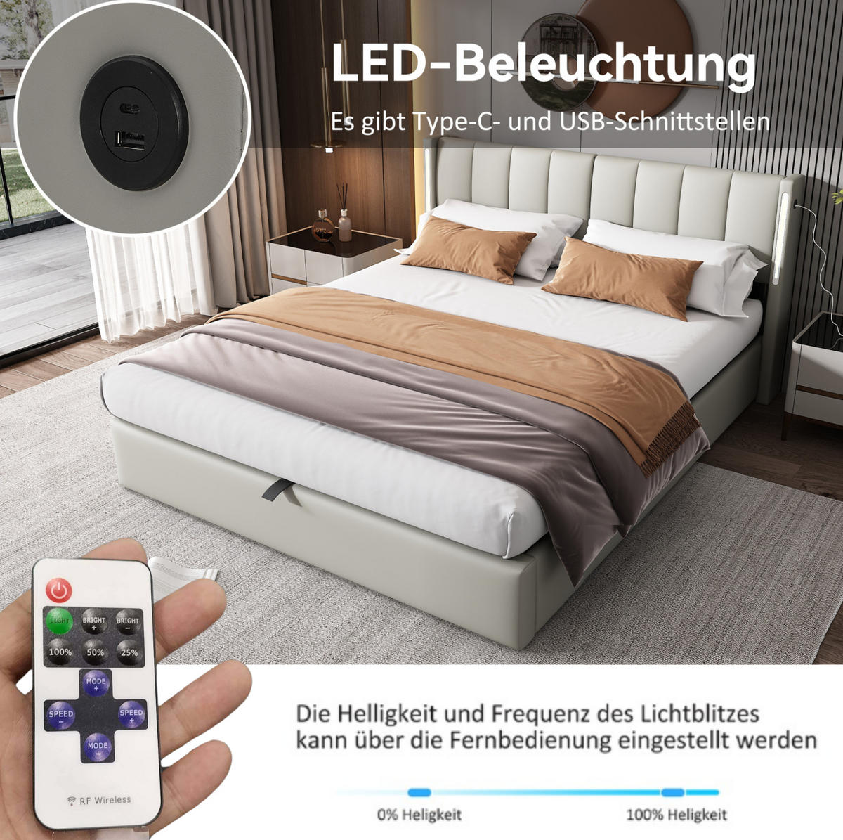 POLSTERBETT 160/200 cm mit LED-Beleuchtung, USB-Anschluss, verstellbarem Kopfteil und Bettkasten, Grau - Grau, Kunststoff (160/200cm) - Redom