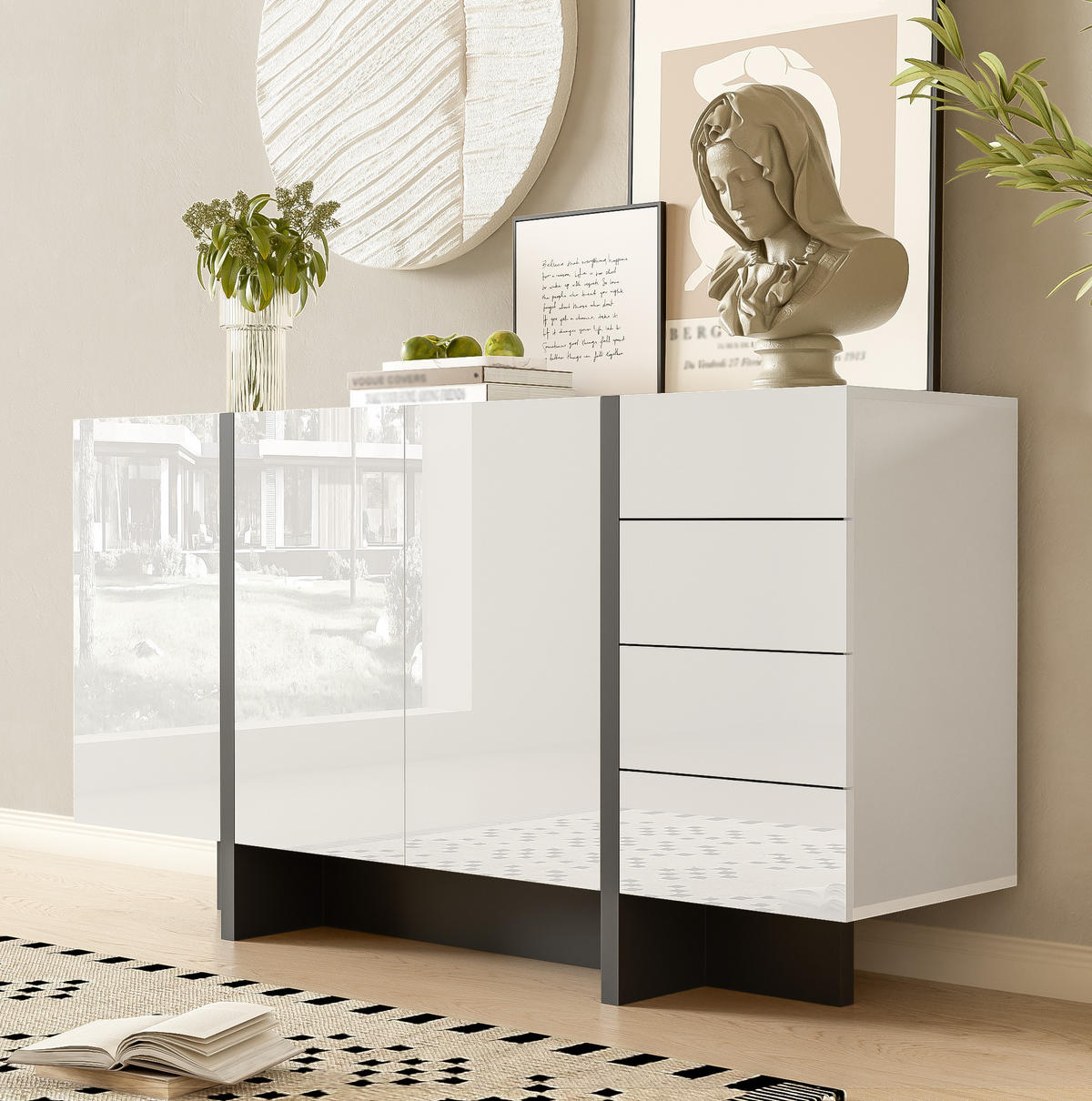 KOMMODE aus MDF & Spanplatte 150x40x80cm in Weiß mit 2 Türen & 4 Schubladen - Weiß, Holzwerkstoff (150/80/40cm) - Modfu
