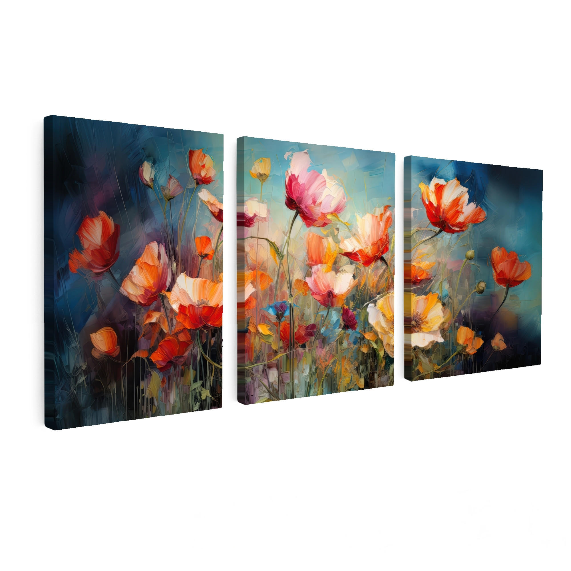 MuchoWow OBRAZ NA PLÁTNĚ 3dílná sada Květiny - barevné - abstraktní 90x40 cm