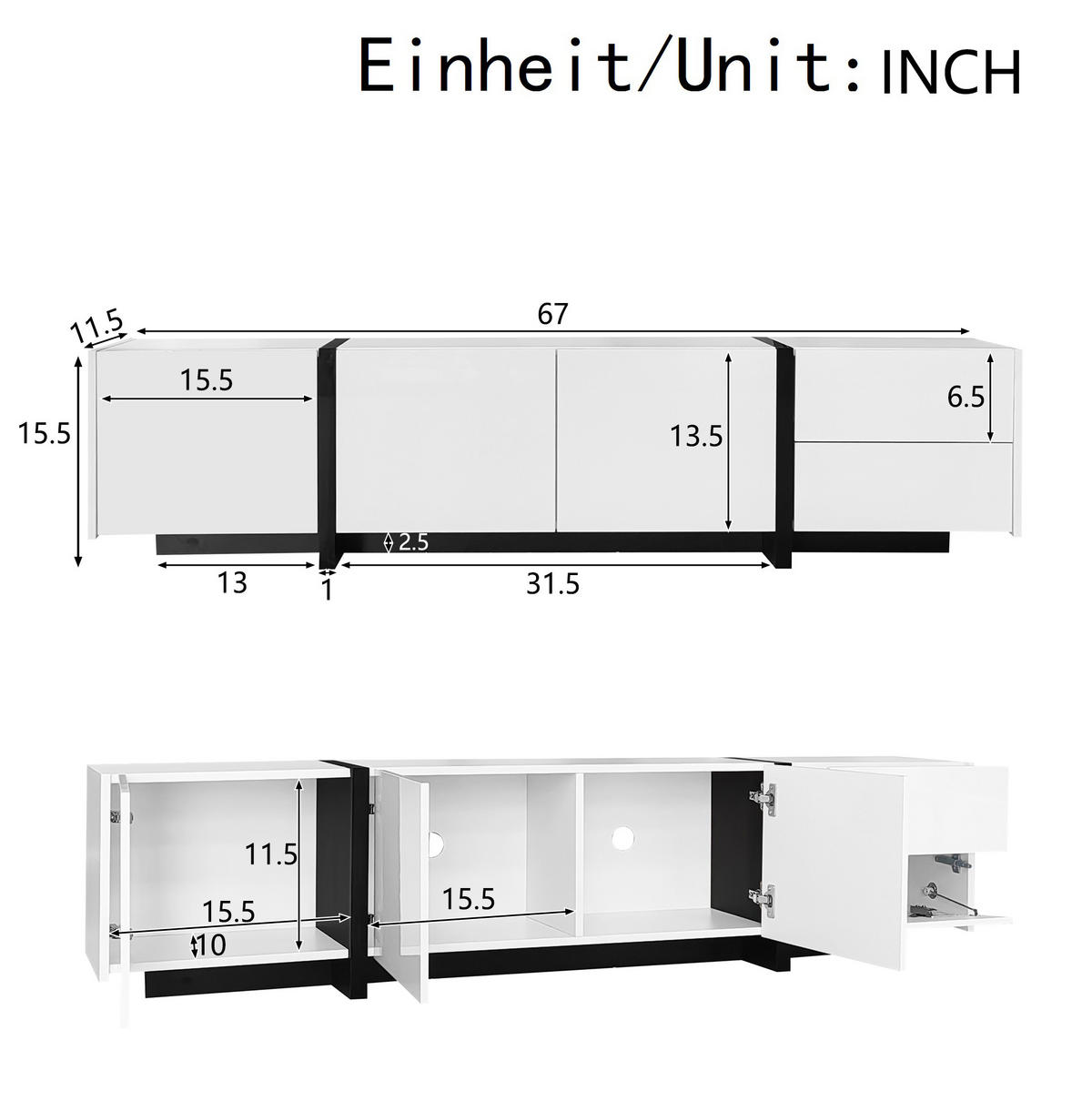 TV-ELEMENT mit 3 Türen und Schublade 170 cm Weiß/Schwarz Hochglanz - Weiß, Holzwerkstoff (30/39/170cm) - Beauniv