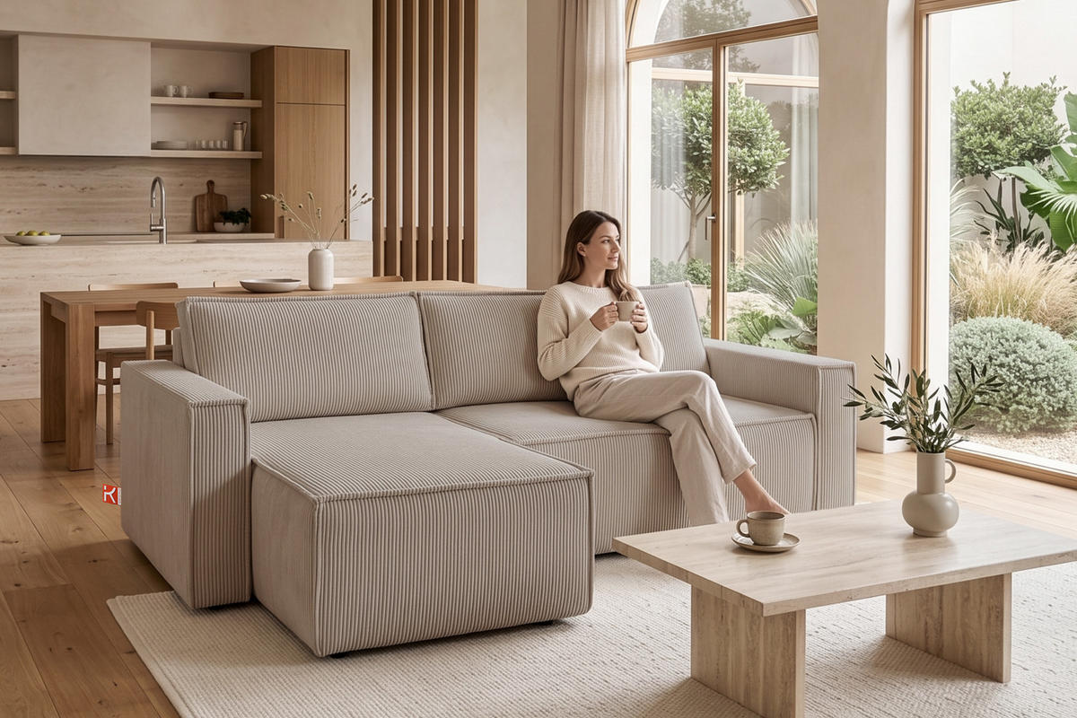 ECKSOFA-LINKS/RECHTS NAPI Schlaffunktion mit Cordbezug, Beige - Beige/Schwarz, Textil (246/148cm) - KONSIMO®