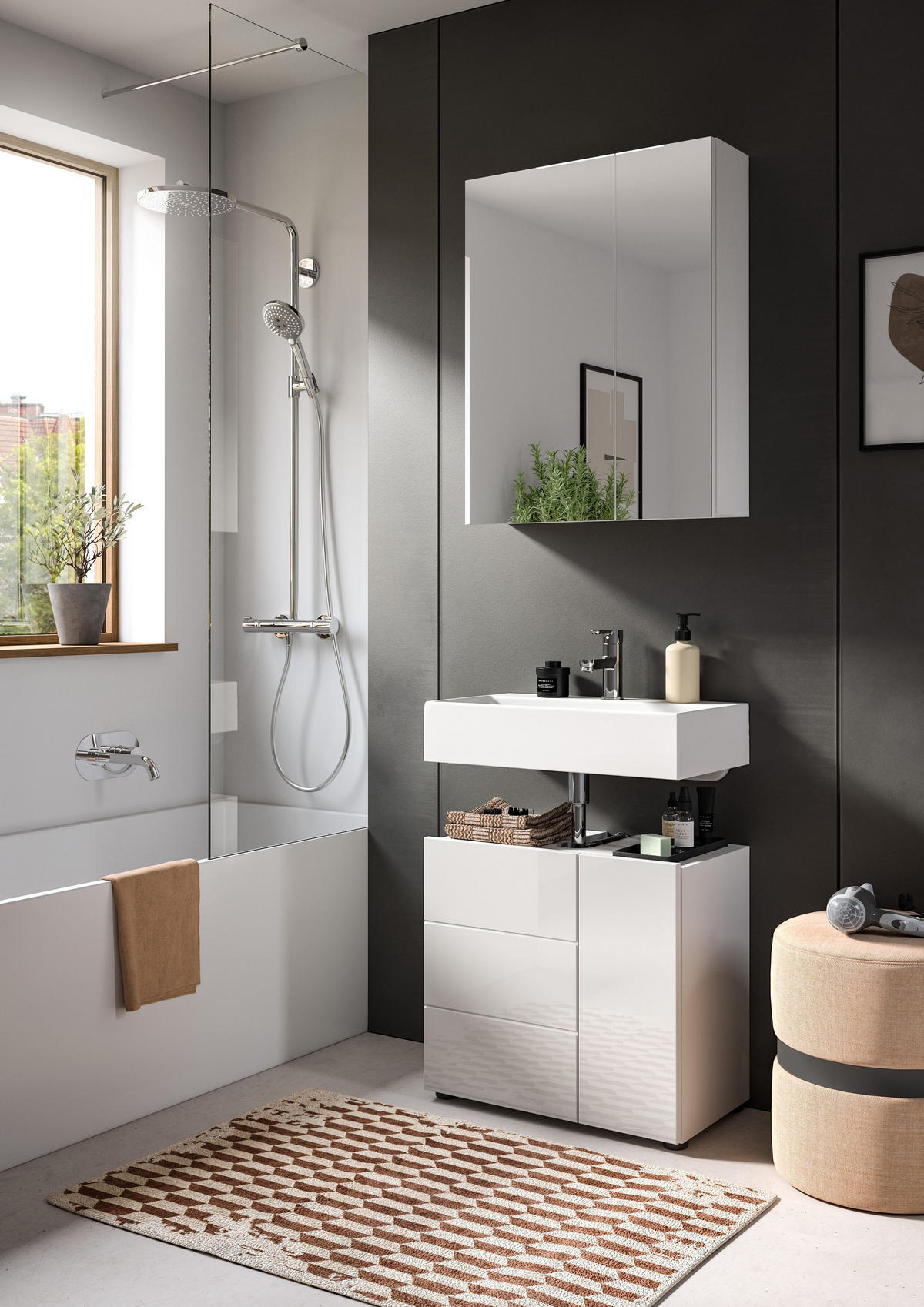 BADMÖBEL Set Vira 2tlg. Bad Kombination in Weiß (B/H/T: 60x190x34 cm) - Weiß, Holz (60/190/34cm)